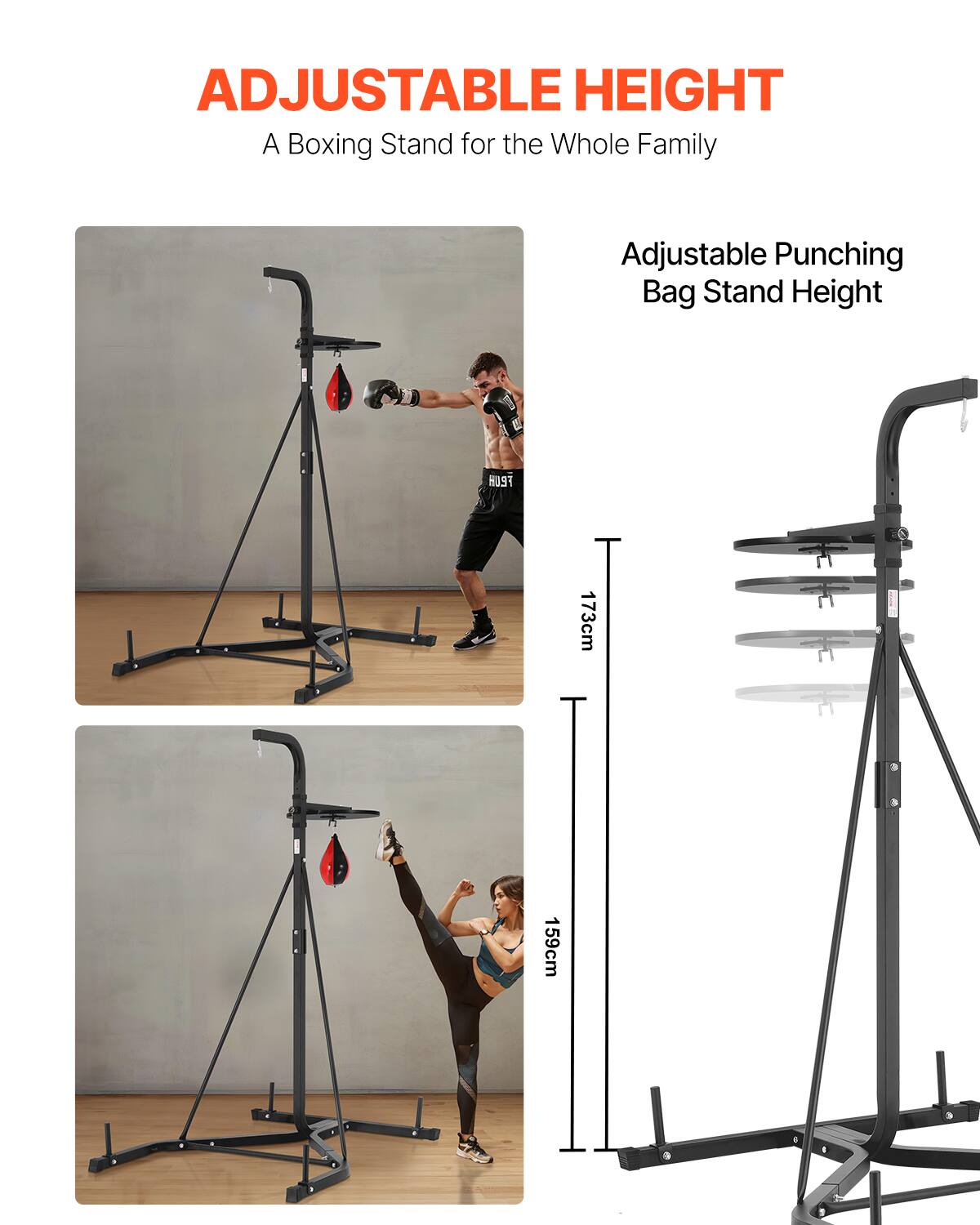 ADJUSTABLE HEIGHT, A Boxing Stand for the Whole Family, Adjustable Punching Bag Stand Height, 173cm, 159cm