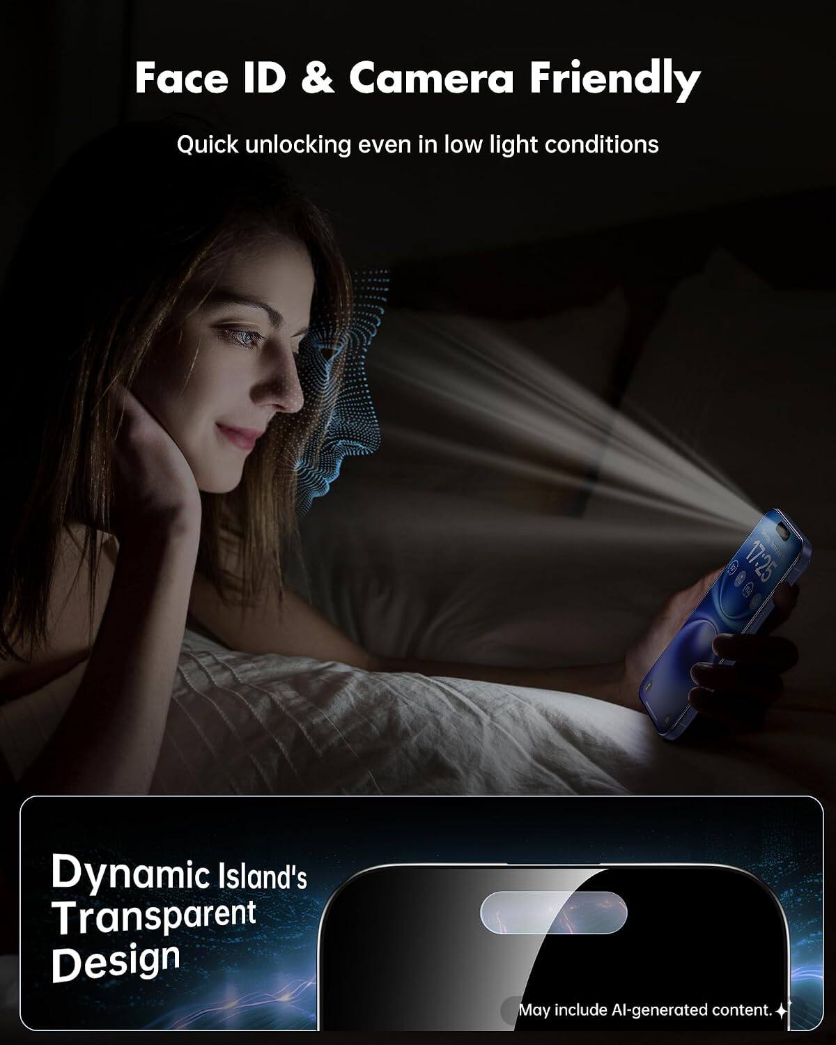 Face ID & Camera Friendly  
Quick unlocking even in low light conditions  

17:25  

Dynamic Island's Transparent Design  

May include AI-generated content.