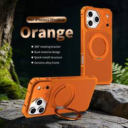 Dteck - Rugged Case for Apple iPhone 17 Pro Max with Ring Kickstand, Magnetic Shockproof Aluminum Frame Cover, Heat Dissipation - Orange