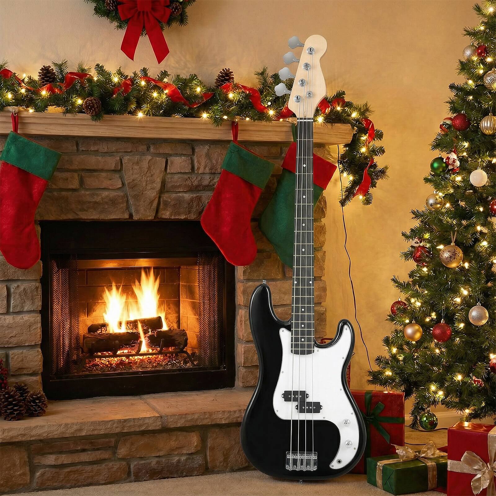 Alt View 4. Costway - Costway 45.5" Electric Bass Guitar with Double Pickups, Open-gear Tuning, Gig Bag, Rope - Black + White.