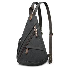Unique Bargains - Vintage Canvas Sling Bag with Genuine Leather Zipper 3 in 1 Crossbody Backpack and Chest Bag for Travel 16x10x6 Inches - Black
