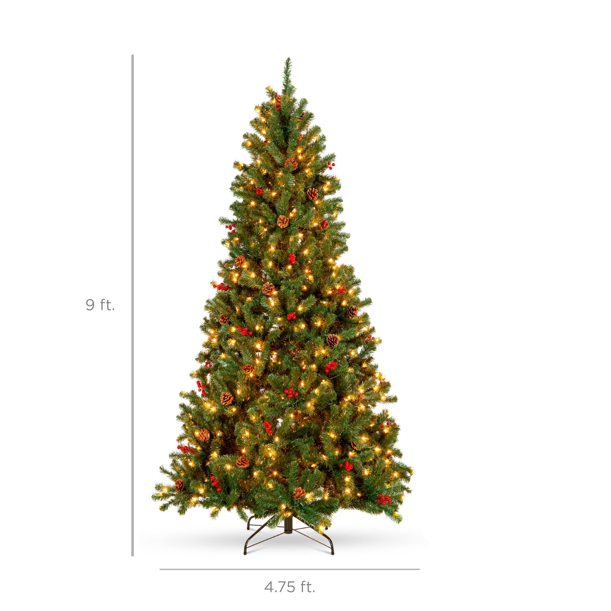 The text on the image shows the dimensions of the Christmas tree as 9 ft. (height) and 4.75 ft. (width).