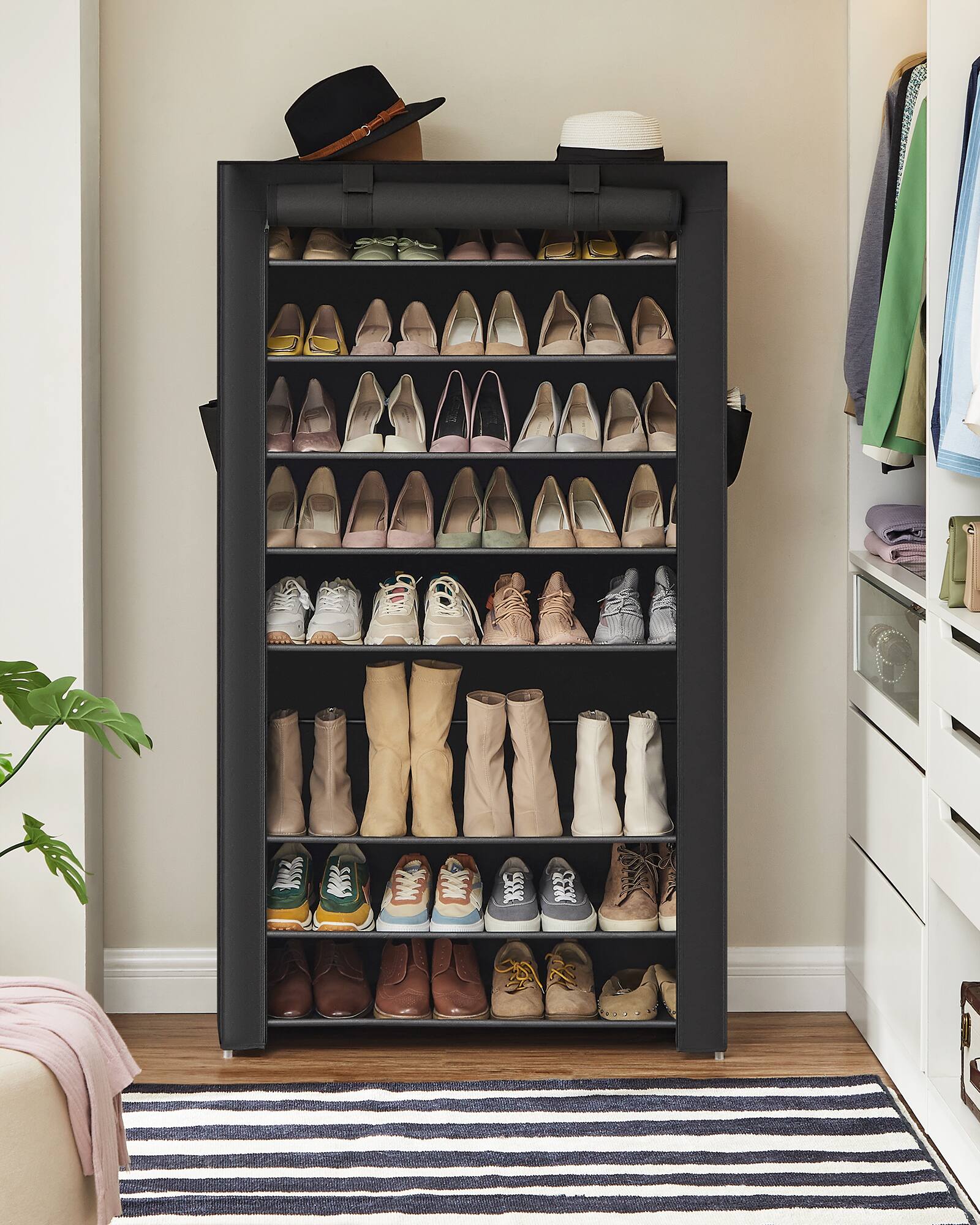 Left. Songmics Home - 10-Tier Shoe Rack, Shoe Storage Organizer Cabinet with Dustproof Cover, Free-Standing, for Closet, Entryway - Black.