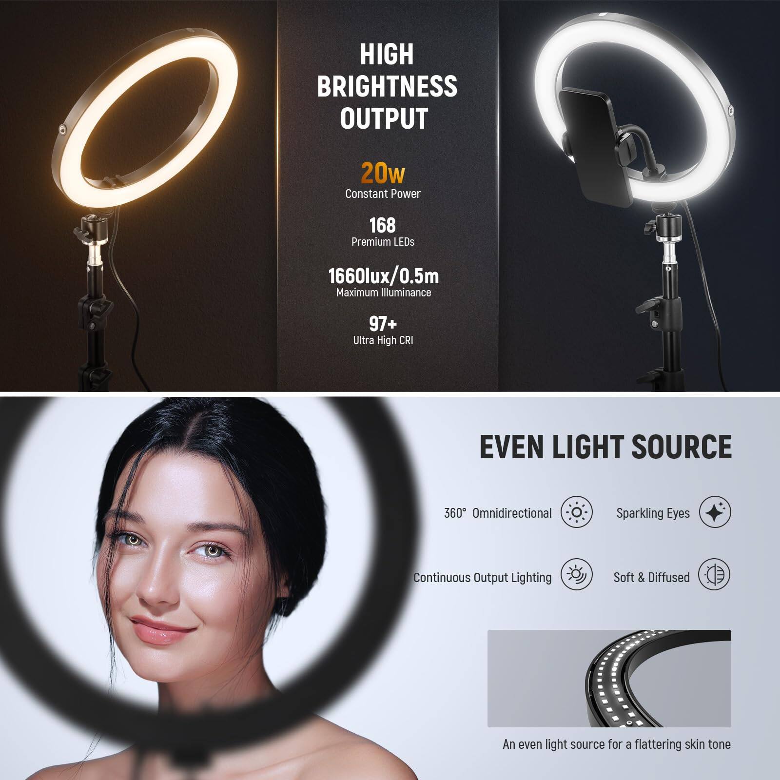 HIGH BRIGHTNESS OUTPUT  
20w Constant Power  
168 Premium LEDs  
1660lux/0.5m Maximum Illuminance  
97+ Ultra High CRI  

EVEN LIGHT SOURCE  
360° Omnidirectional  
Sparkling Eyes  
Continuous Output Lighting  
Soft & Diffused  

An even light source for a flattering skin tone