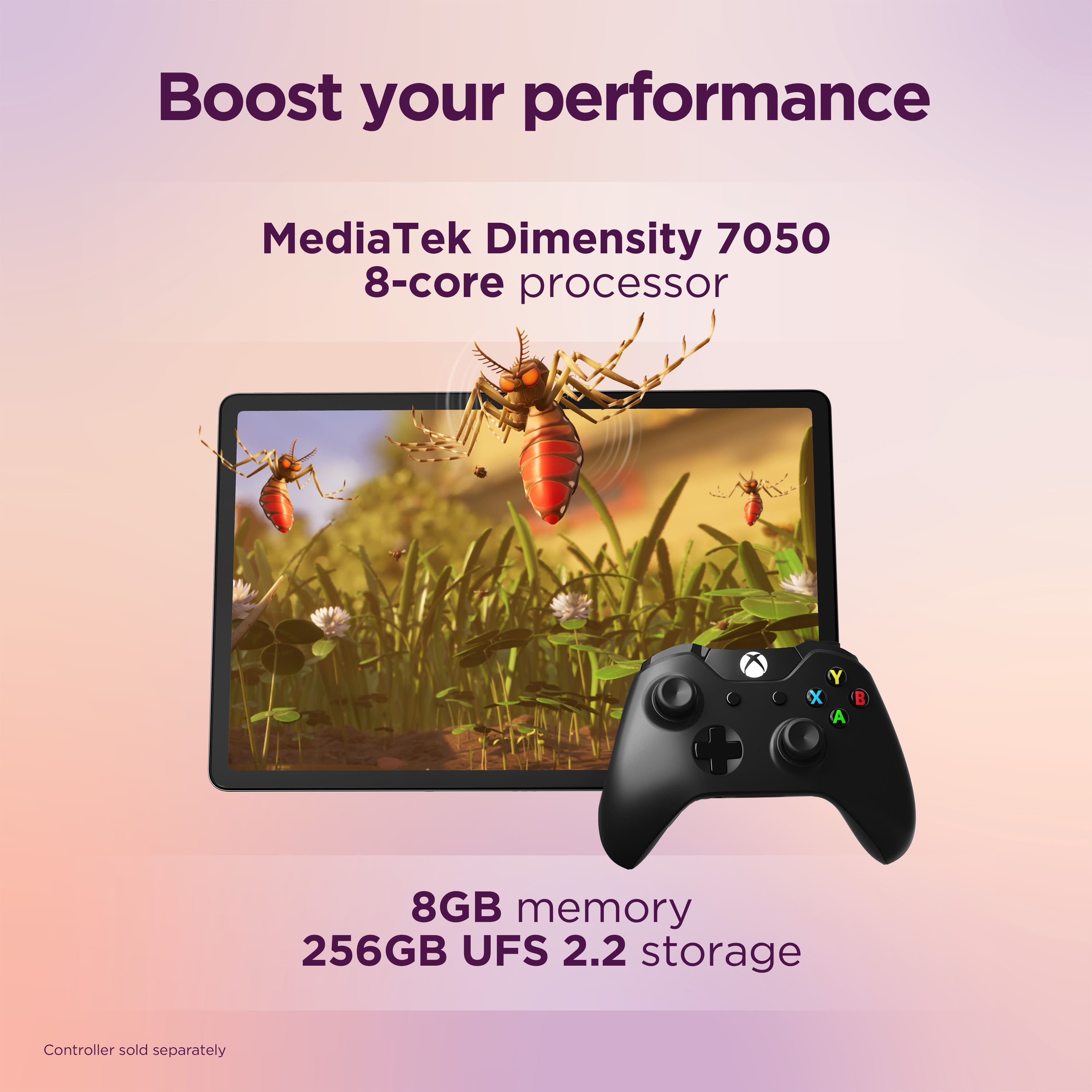 Boost your performance with the MediaTek Dimensity 7050 8-core processor, 8GB memory, and 256GB UFS 2.2 storage. The controller is sold separately.