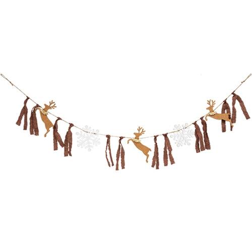 BreeBe - Wooden Reindeer & Snowflakes Garland - Brown, White