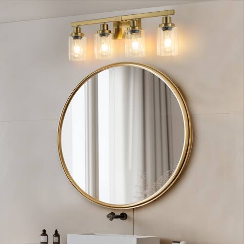 Angle. LUCKY ONE - 24in Wall Mount Vanity Light, 4-Light Gold Iron Sconce with Clear Glass Shades for Bathroom - Gold.