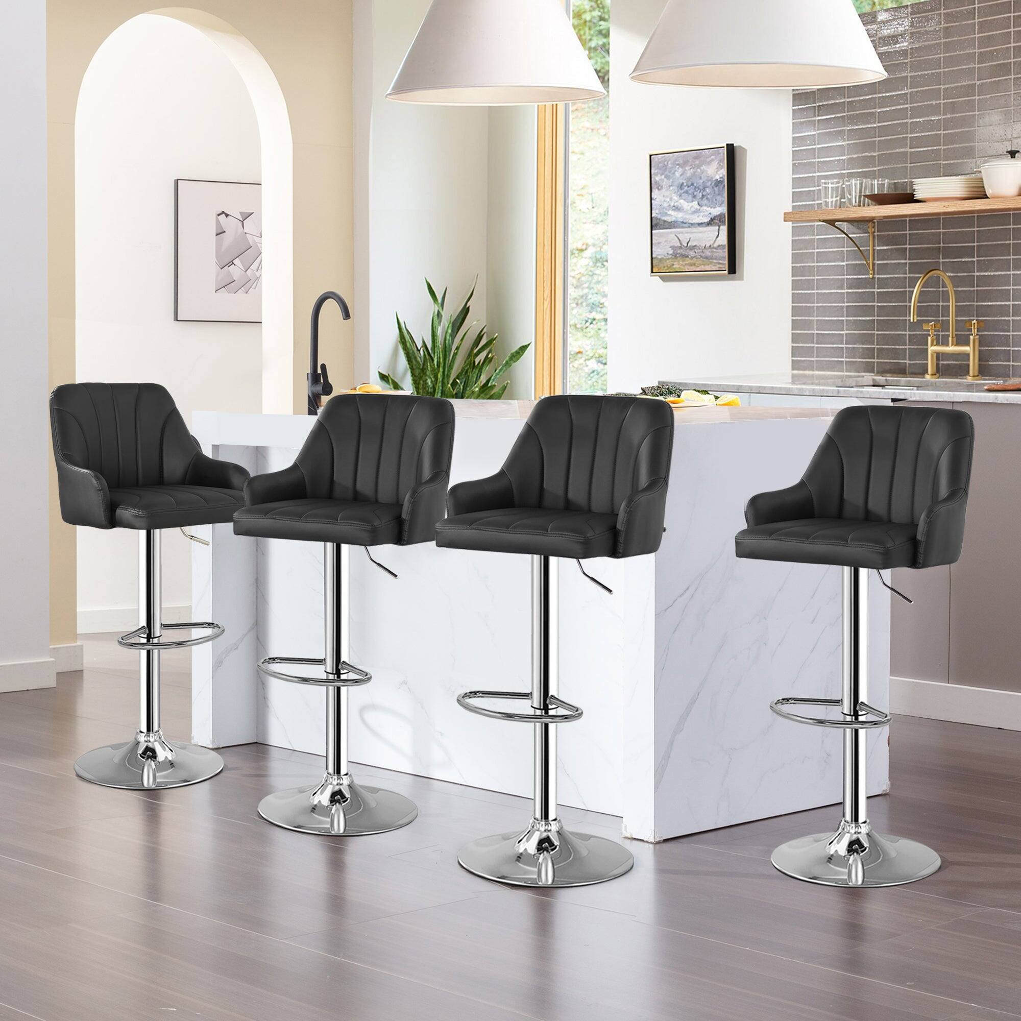 Alt View 4. Vecelo - Set of 4 Adjustable Swivel Bar Stools - PU Leather Seat, 360° Rotation, Height 35.4"-43.7", 330lb Capacity - Black.