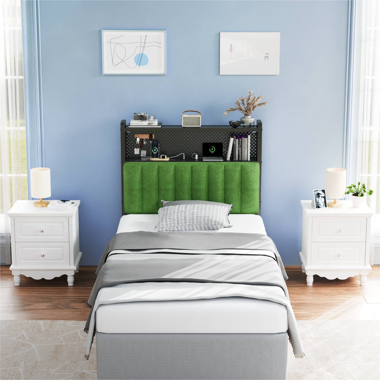 Alt View 8. Winado - Twin Size Adjustable Upholstered Headboard Only with 2 Tier Shelves and Pegboard with Charging Stations and LED Lights - Chenille & Forest Green.