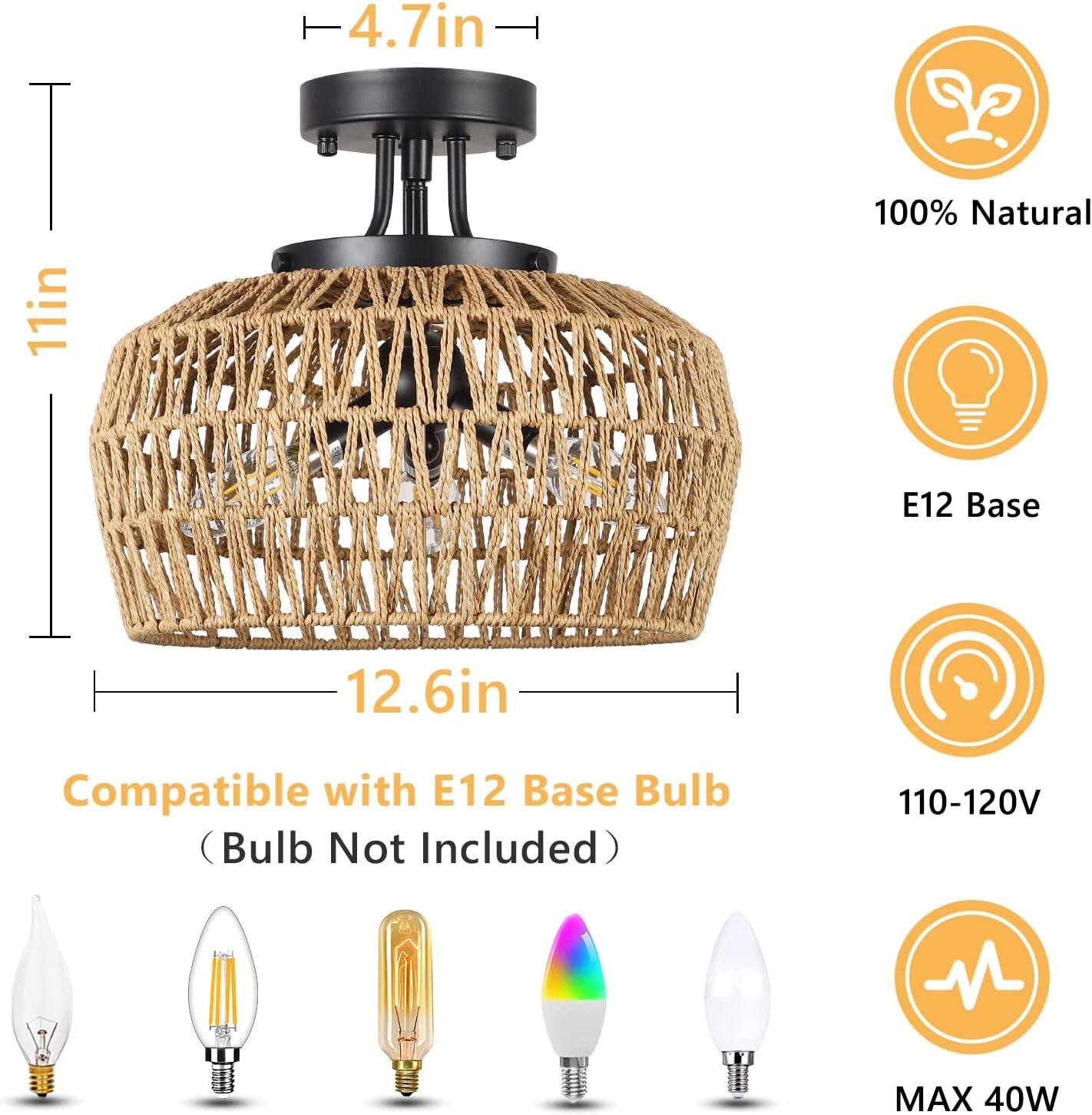 11in T, 4.7in L, 100% Natural, E12 Base, 12.6in, Compatible with E12 Base Bulb (Bulb Not Included), 110-120V, MAX 40W