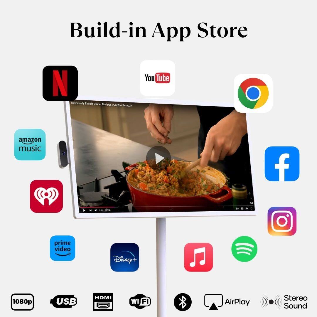 Build-in App Store  
Deliciously Simple Dinner Recipes | Gordon Ramsay  
YouTube  
Amazon Music  
Prime Video  
Disney+  
1080p  
USB  
HDMI  
Wi-Fi  
AirPlay  
Stereo Sound