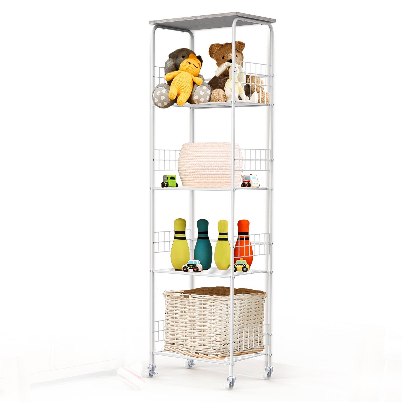 Alt View 1. Oumilen - 5-Tier Wire Storage Shelf with Wood Top, White Metal Frame & Accessories, Gray - Gray.