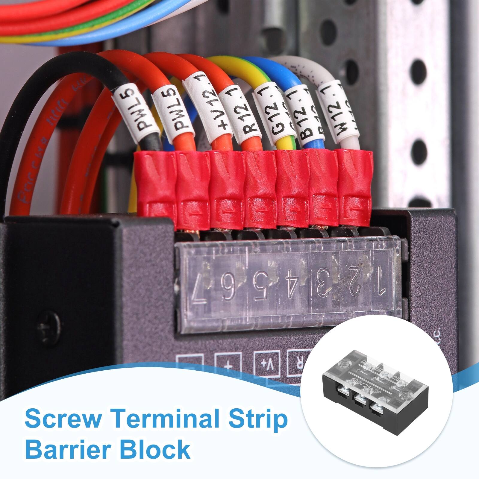 WIL new  
1 PWL5 PWL5 +V12 R12 G12 B12 B.12 W12 110 12-3-4-5-5-6-7  
+ +A R Screw Terminal Strip Barrier Block  
600V 25A3P 3P  
25