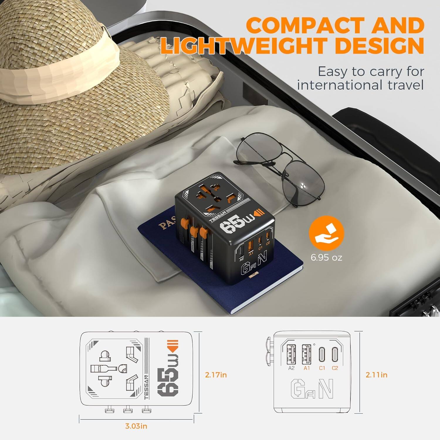 COMPACT AND LIGHTWEIGHT DESIGN  
Easy to carry for international travel  

65w  
6.95 oz  

TESSAN 65w  
2.17in x 3.03in  

A2 A1 C1 C2 GAN  
2.11in
