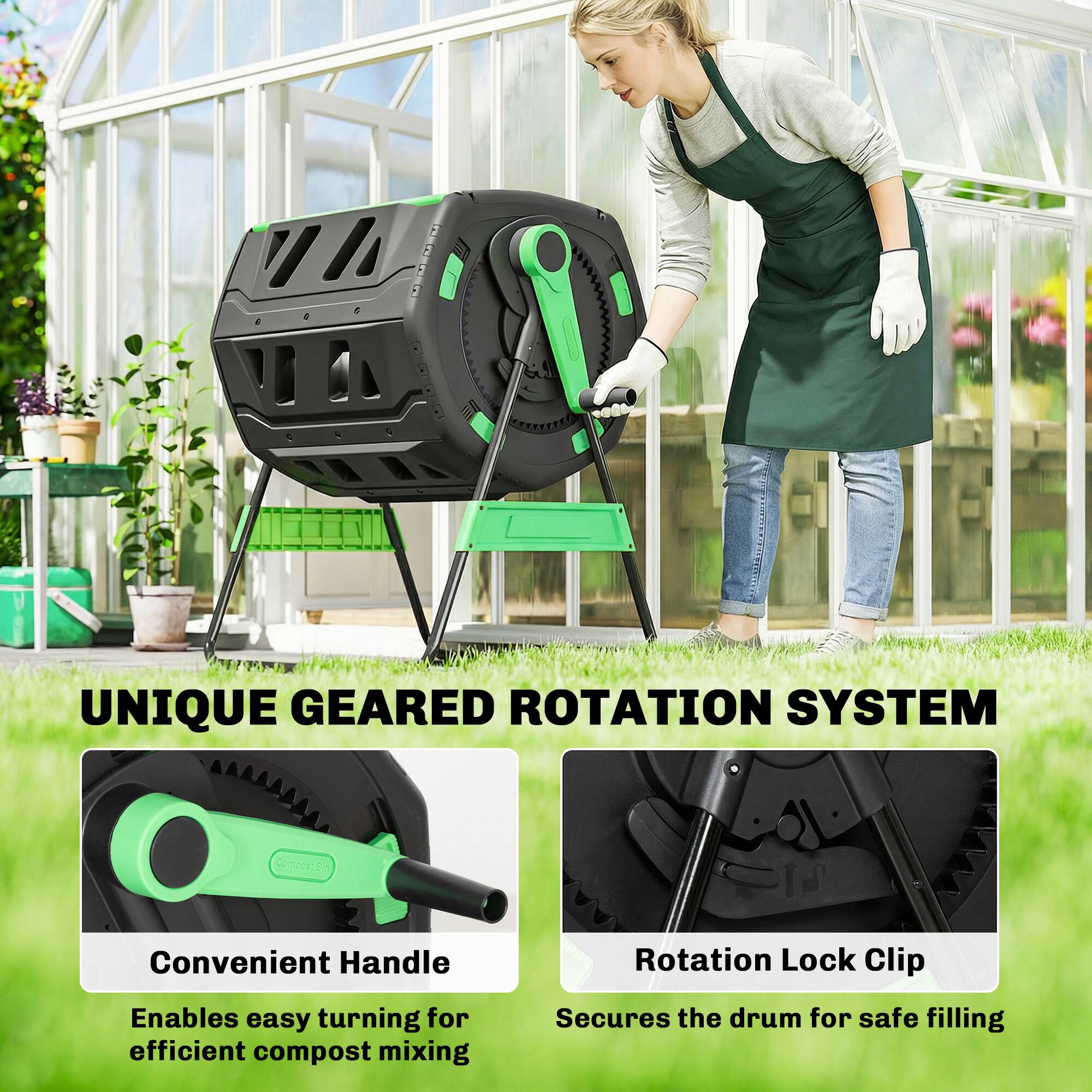 UNIQUE GEARED ROTATION SYSTEM

Convenient Handle
Enables easy turning for efficient compost mixing

Rotation Lock Clip
Secures the drum for safe filling