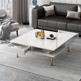 GOODSILO - Elegant High Gloss Square Coffee Table with Golden Legs and Dual Drawers for Modern Living Room Décor - White