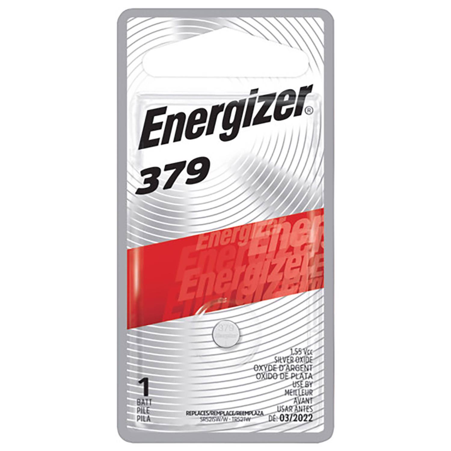 Energizer 379  
1 BATT PILE PILA  
1.55Vcc  
SILVER OXIDE OXYDE D'ARGENT OXIDO DE PLATA  
USE BY MEILLEUR AVANT USAR ANTES  
REPLACES/REEMPLAZA SR526W/VR526W  
DE: 03/2022