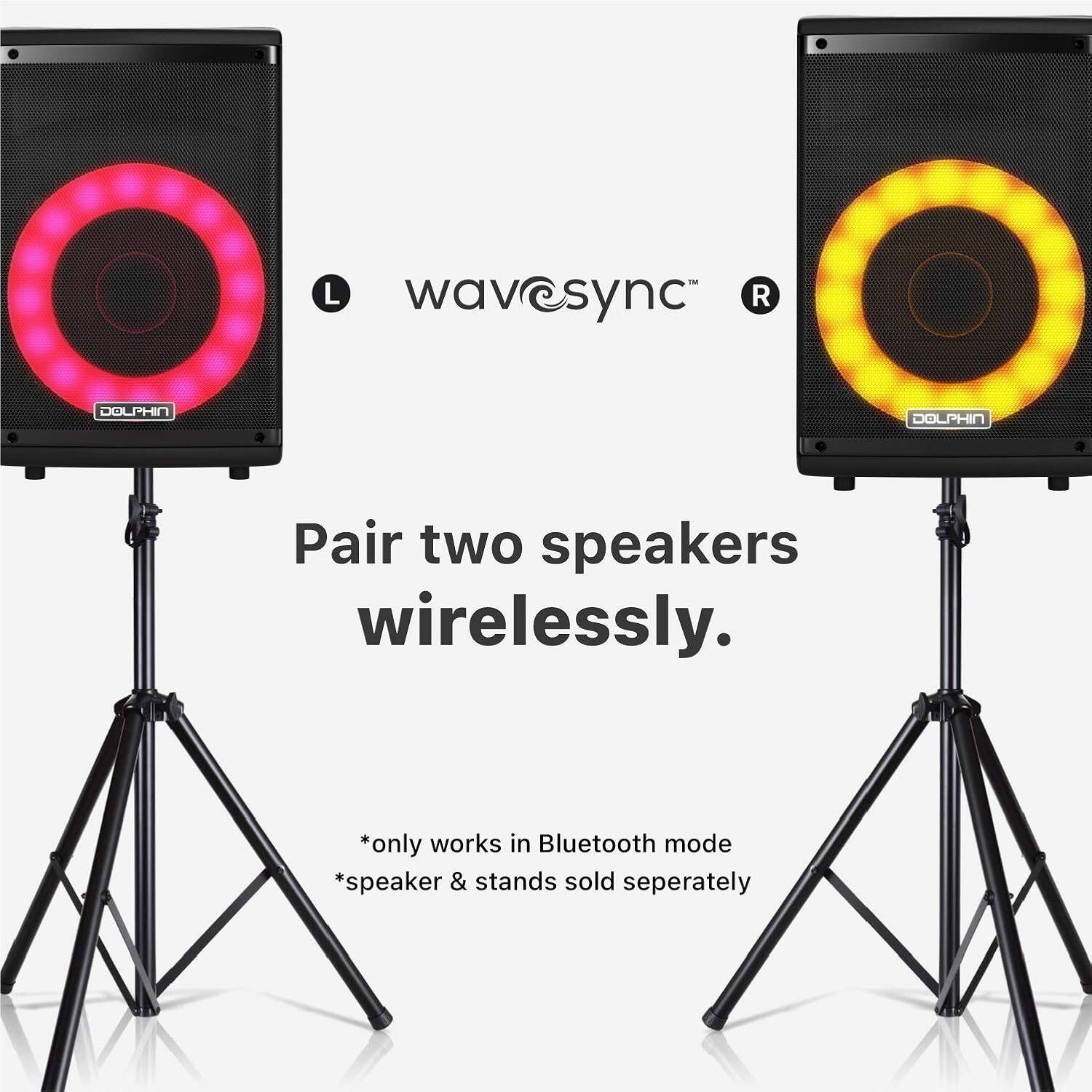 L wavesync R DOLPHIN DOLPHIN Pair two speakers wirelessly. *only works in Bluetooth mode *speaker & stands sold separately