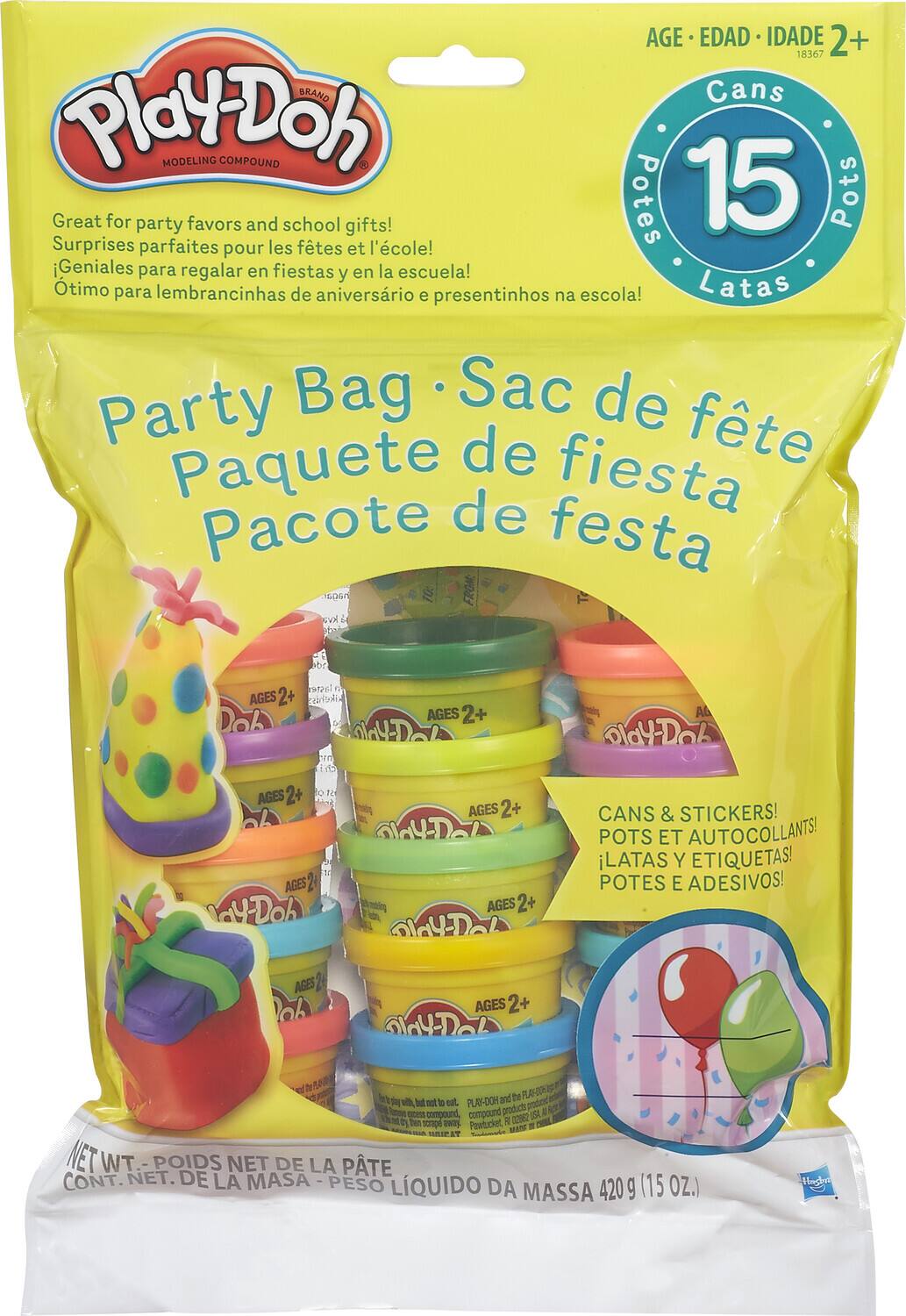 AGE EDAD IDADE 2+  
BRAND Play-Doh  
MODELING COMPOUND  
Great for party favors and school gifts!  
Potes 15 Pots  
Surprises parfaites pour les fêtes et l'école!  
Géniales para regalar en fiestas y en la escuela!  
Ótimo para lembrancinhas de aniversário e presentinhos na escola!  
Latras Party Bag Sac de fête de fiesta Paquete de fiesta Pacote de festa  
FROM kva 2 AGES 2+ kikehis AGES 2+ D in AG Dlay-Dob AGES 018 AGES aY-Doh AGES 2+ AGES 2+ CANS & STICKERS! POTS ET AUTOCOLLANTS! LATAS Y ETIQUETAS! POTES E ADESIVOS!  
AGES AGES 2+  
NET WT. NET. POIDS NET DE LA PÂTE CONT. DE LA MASA PESO LÍQUIDO DA (15 OZ.) MASSA 420 g
