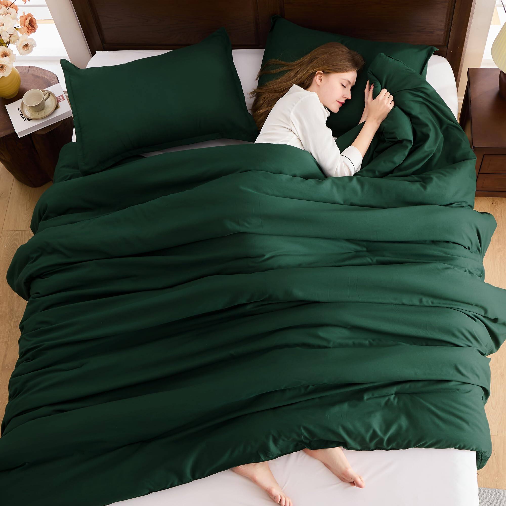 Back. Comfort Essence - Dark Comforter Set 3 Pieces Forest Hunter Boho Solid Bedding Sets Soft Cozy Lightweight Down Alternative All - Dark Green-Super King Plus(128"x120").