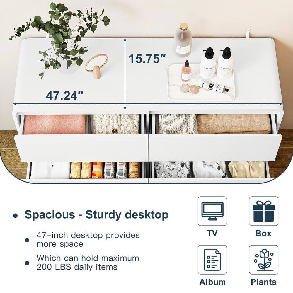 15.75" 47.24" Spacious - Sturdy desktop

47-inch desktop provides more space

Which can hold maximum 200 LBS daily items

TV Album Box Plants