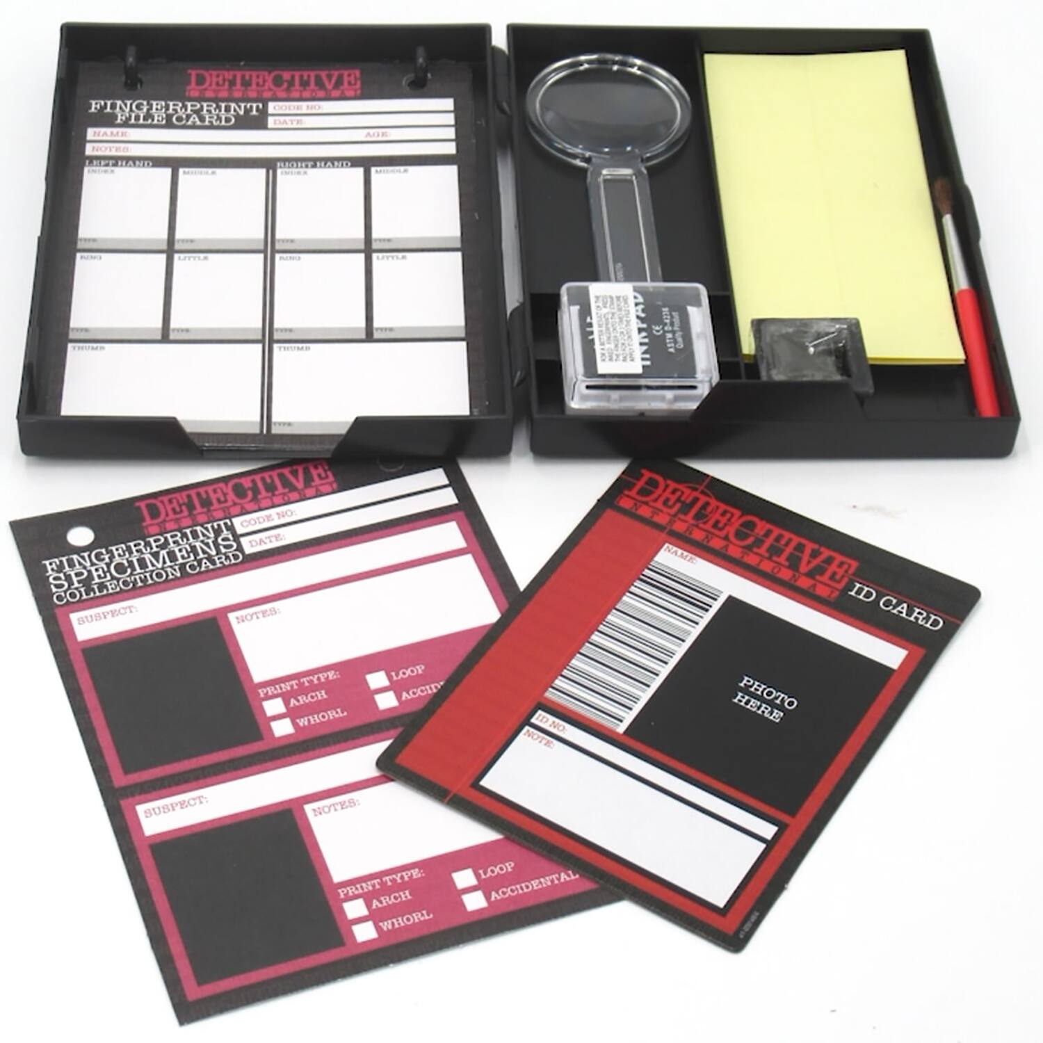 DETECTIVE  
FINGERPRINT FILE CARD  
CODE NO  
DATE  
NAME  
AGE  
LEFT HAND  
RIGHT HAND  
THUMB  
THUMB  

DETECTIVE  
FINGERPRINT SPECIMENS COLLECTION CARD  
SUBJECT:  
NOTES:  
PRINT TYPE:  
- LOOP  
- ARCH  
- WHORL  
- ACCIDENTAL  

DETECTIVE  
ID CARD  
PHOTO HERE  
NOTE:  
SUSPECT NOTES:  
TYPE:  
PRINT ARCH WHORL LOOP ACCIDENTAL