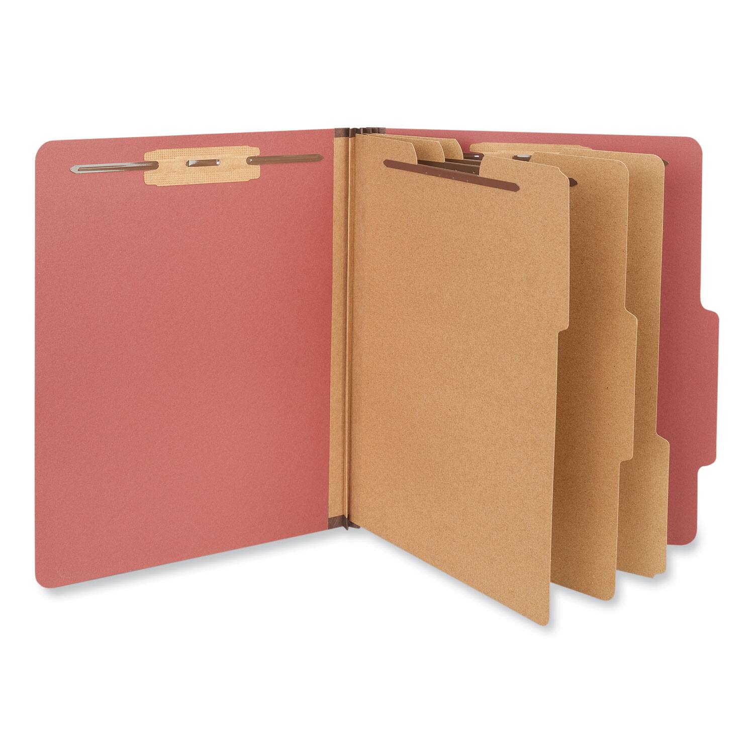 Left. Universal - Eight-Section Pressboard  Folders, 3" Expansion, 3 Dividers, 8 Fasteners, Letter Size, Red Exterior, 10/Box.