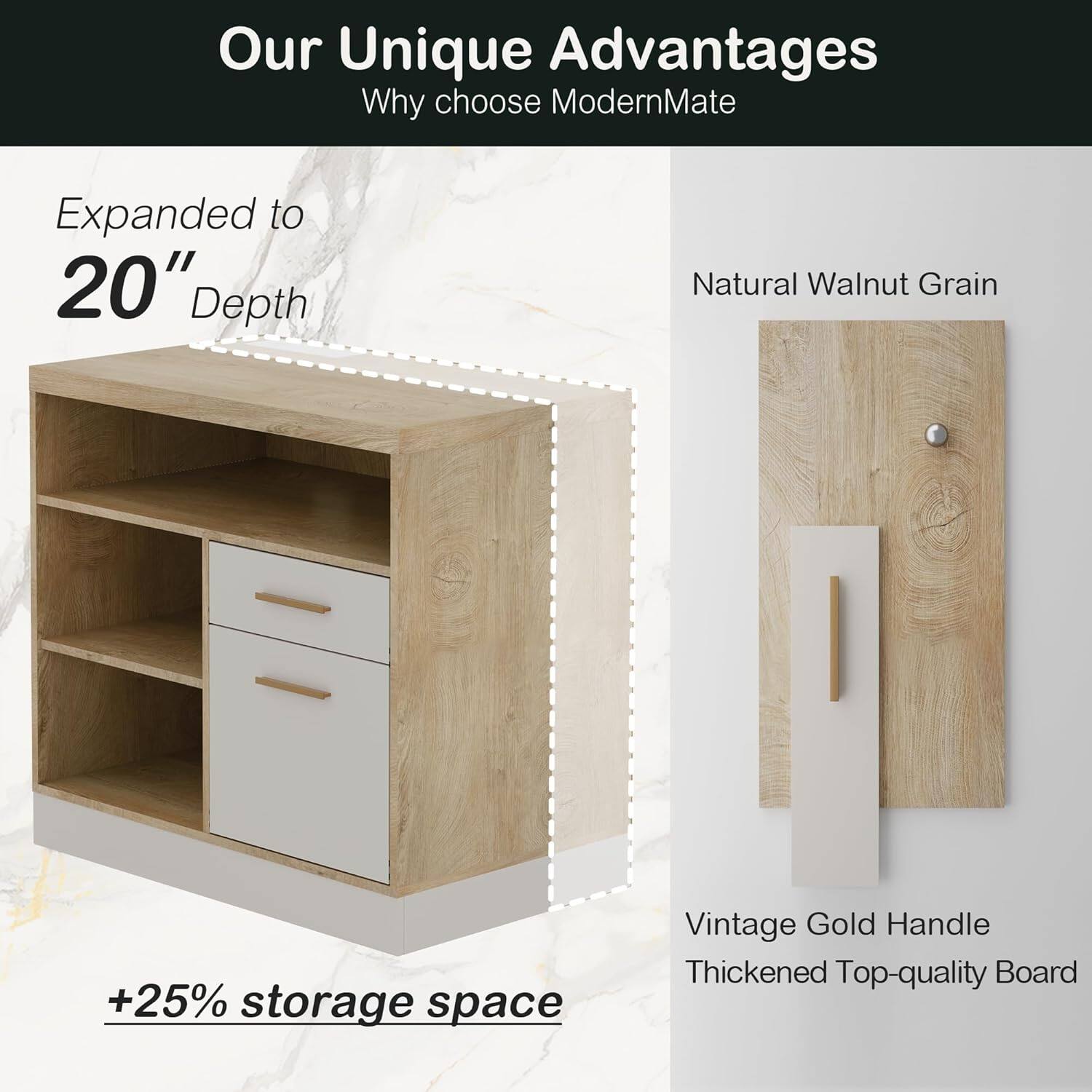 Our Unique Advantages  
Why choose ModernMate  

Expanded to 20" Depth  
+25% storage space  

Natural Walnut Grain  

Vintage Gold Handle  
Thickened Top-quality Board