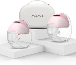 MomMed - Wearable Breast Pump – 3 Modes, 12 Suction Levels, <45dB Quiet, Lightweight, Portable, with Carrying Case - Pink