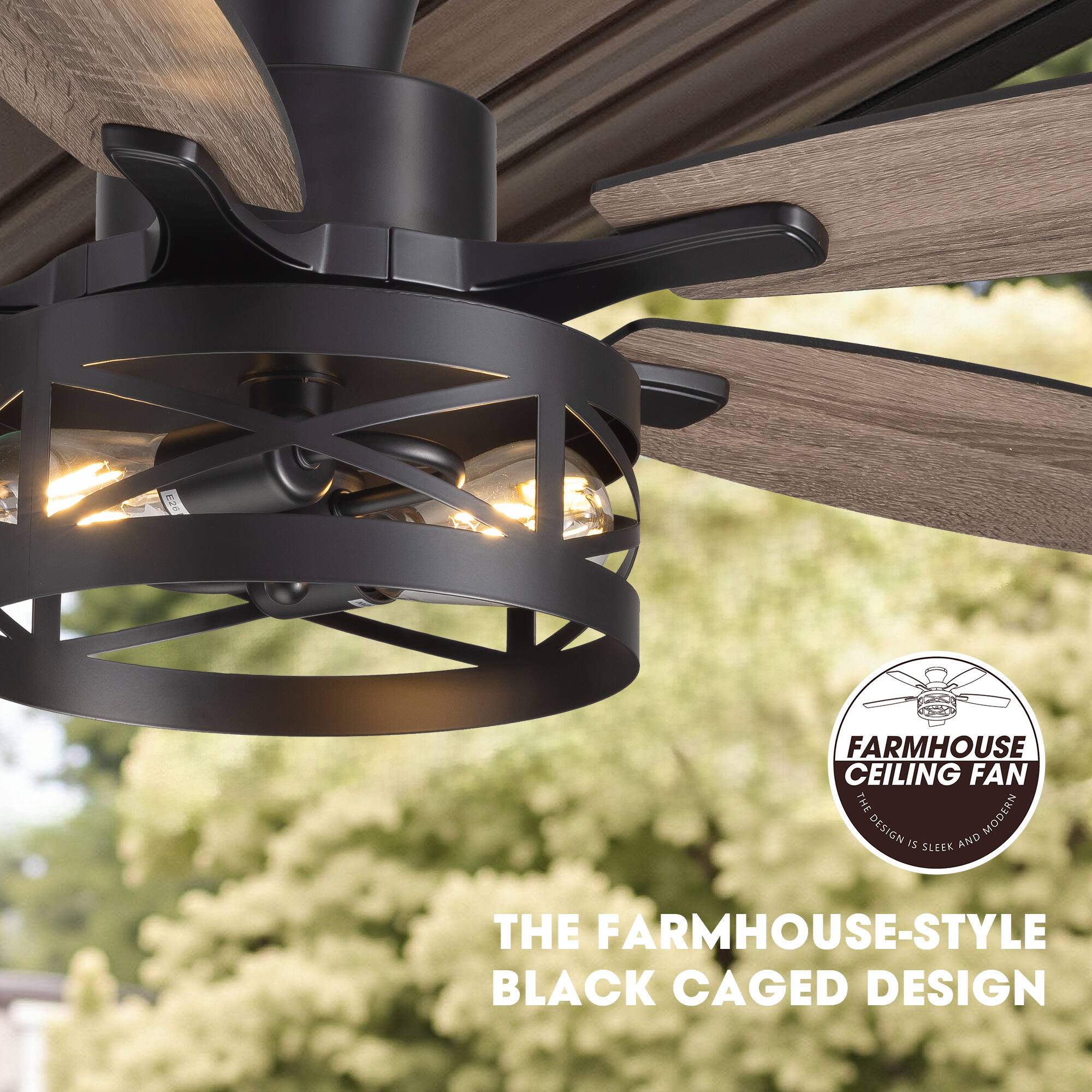 220 Farmhouse Ceiling Fan  
The Design: Modern, Sleek, and Farmhouse-Style  
Black Caged Design