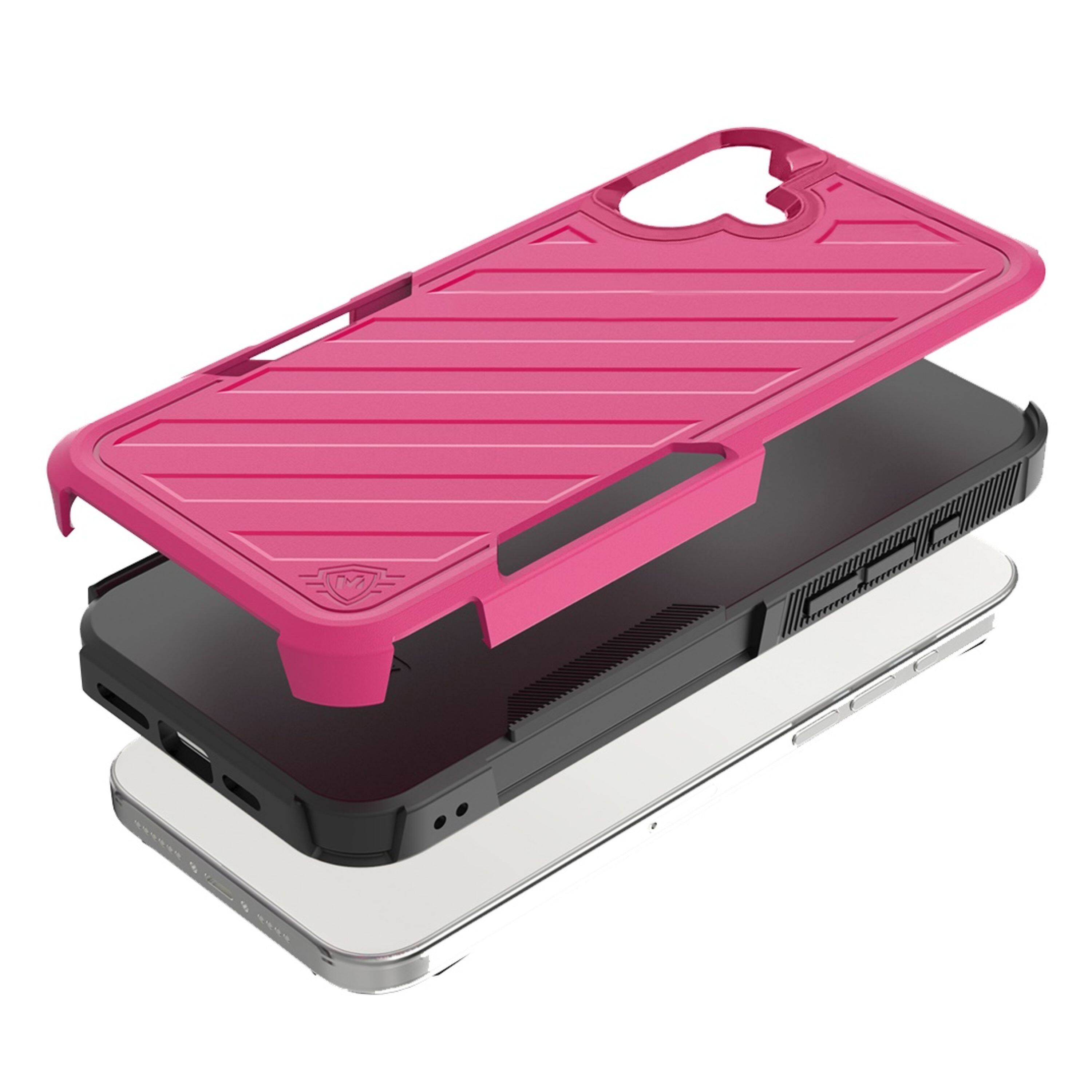 Left. Kitcheniva - Shockproof Dual Layer Lined Phone Case With Tempered Glass For iPhone 16 Plus Hot Pink/Black - Hot Pink/Black.