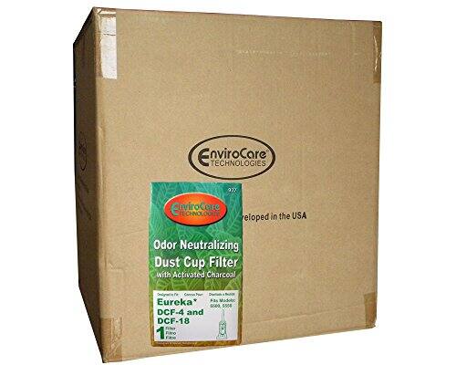 EnviroCare TECHNOLOGIES  
97X  
Developed in the USA  

Odor Neutralizing Dust Cup Filter with Activated Charcoal  
Eureka* F8s Madola: 5500 5504 DCF-4 and DCF-18  

1 Pack of 2 Filters