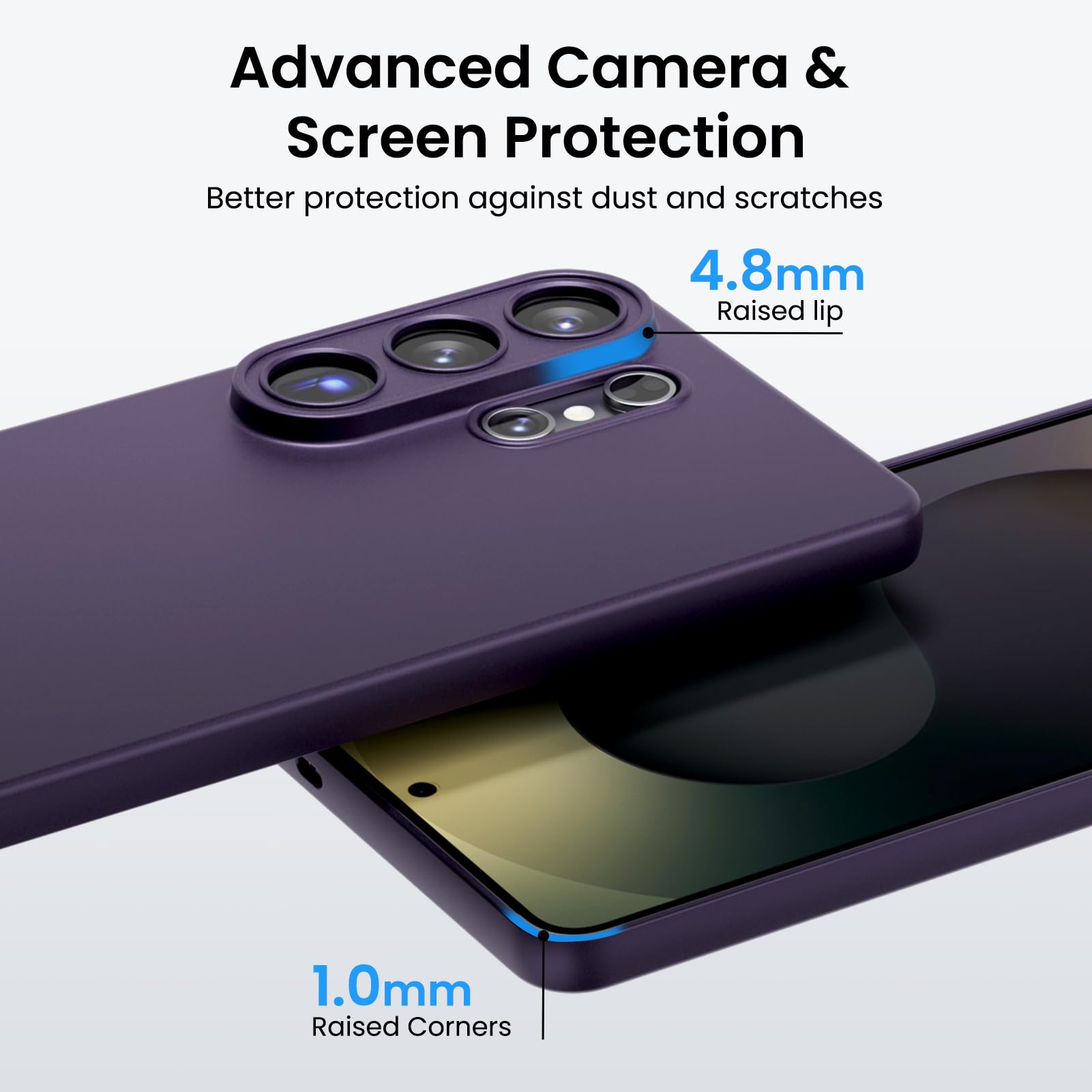 Advanced Camera & Screen Protection  
Better protection against dust and scratches  

4.8mm Raised lip  
1.0mm Raised Corners