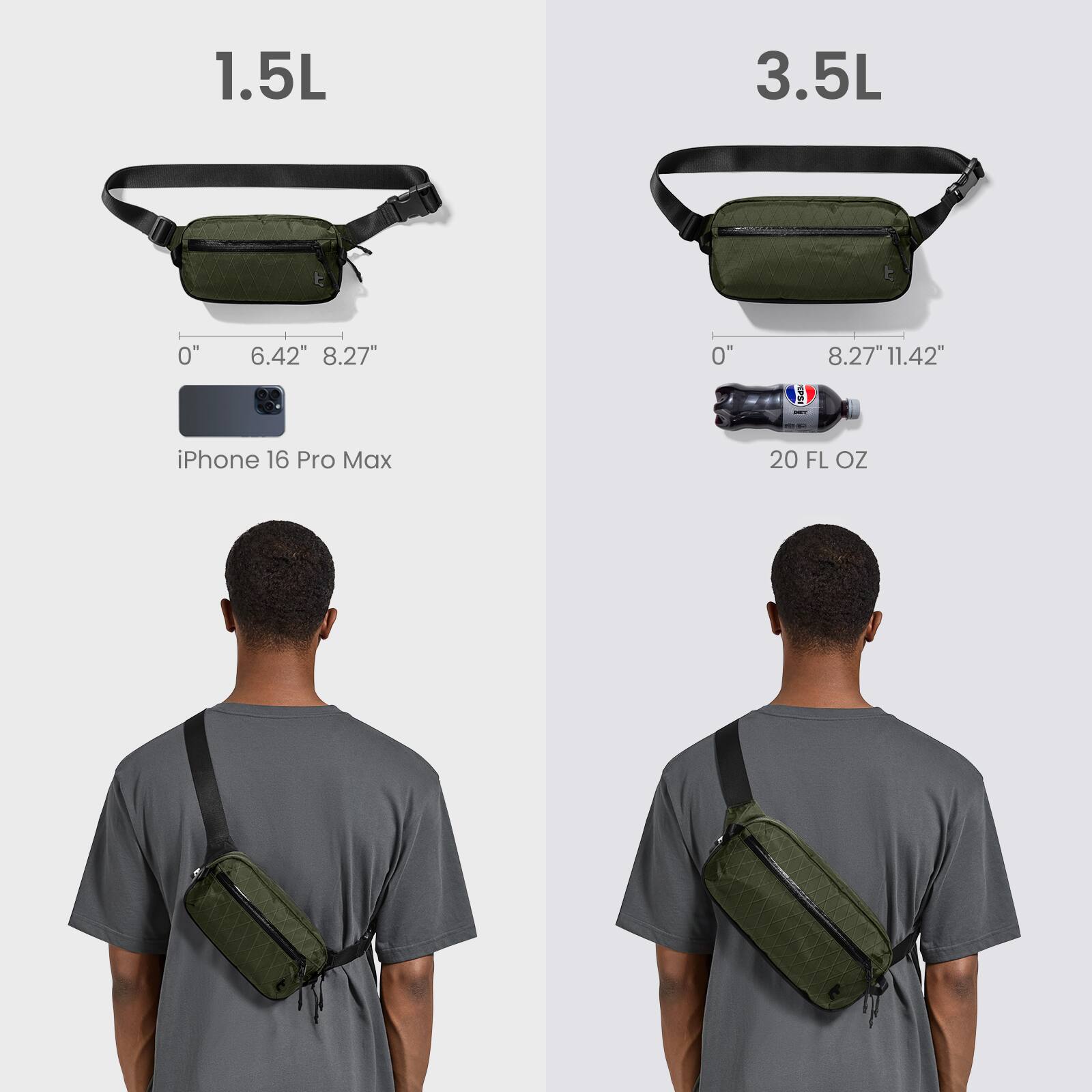 1.5L  
0" 6.42" 8.27"  
iPhone 16 Pro Max  

3.5L  
0" 8.27" 11.42"  
20 FL OZ