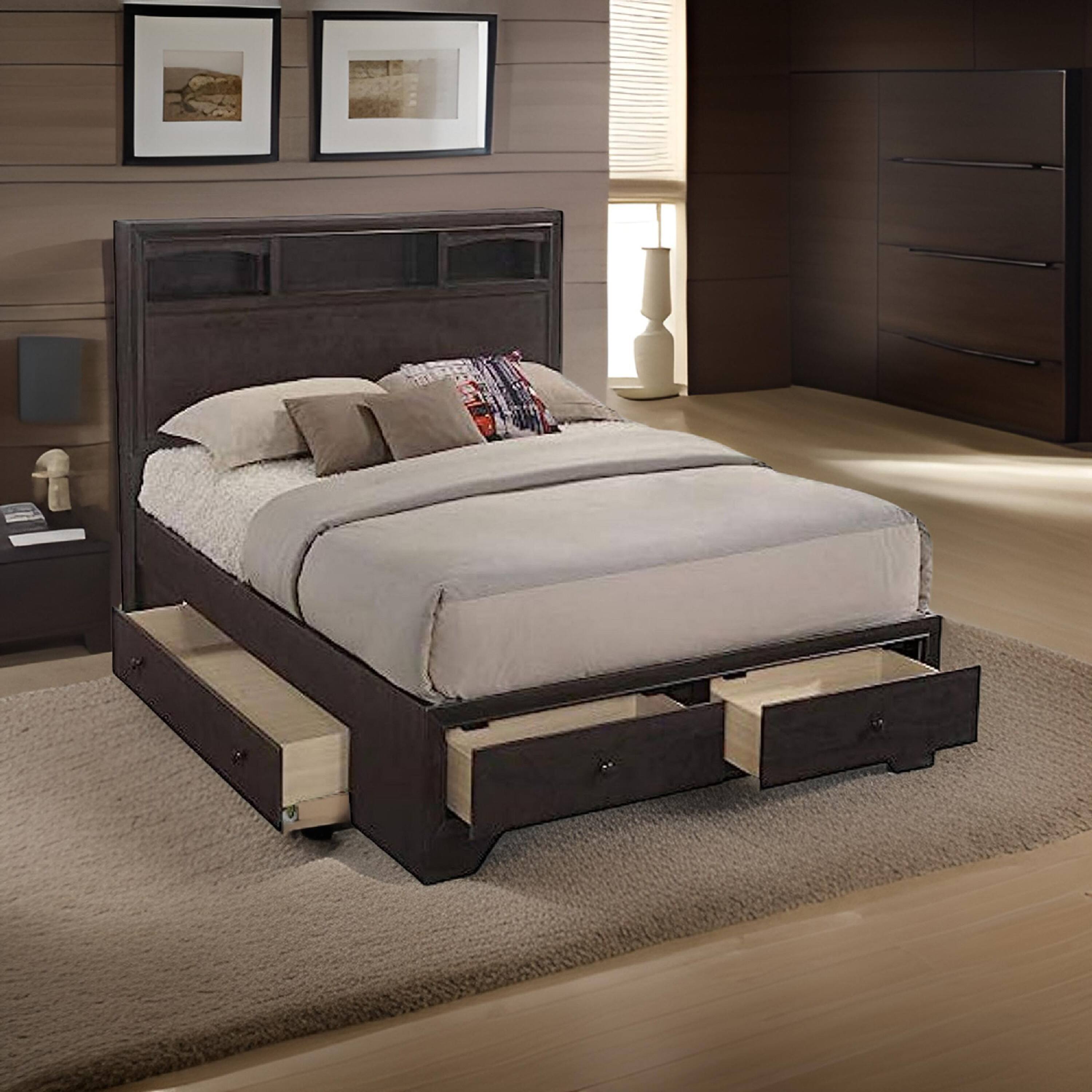 Alt View 5. Manhattan Lane - Queen Size Bed with 4 Storage Drawers, Bookcase Headboard - Brown.
