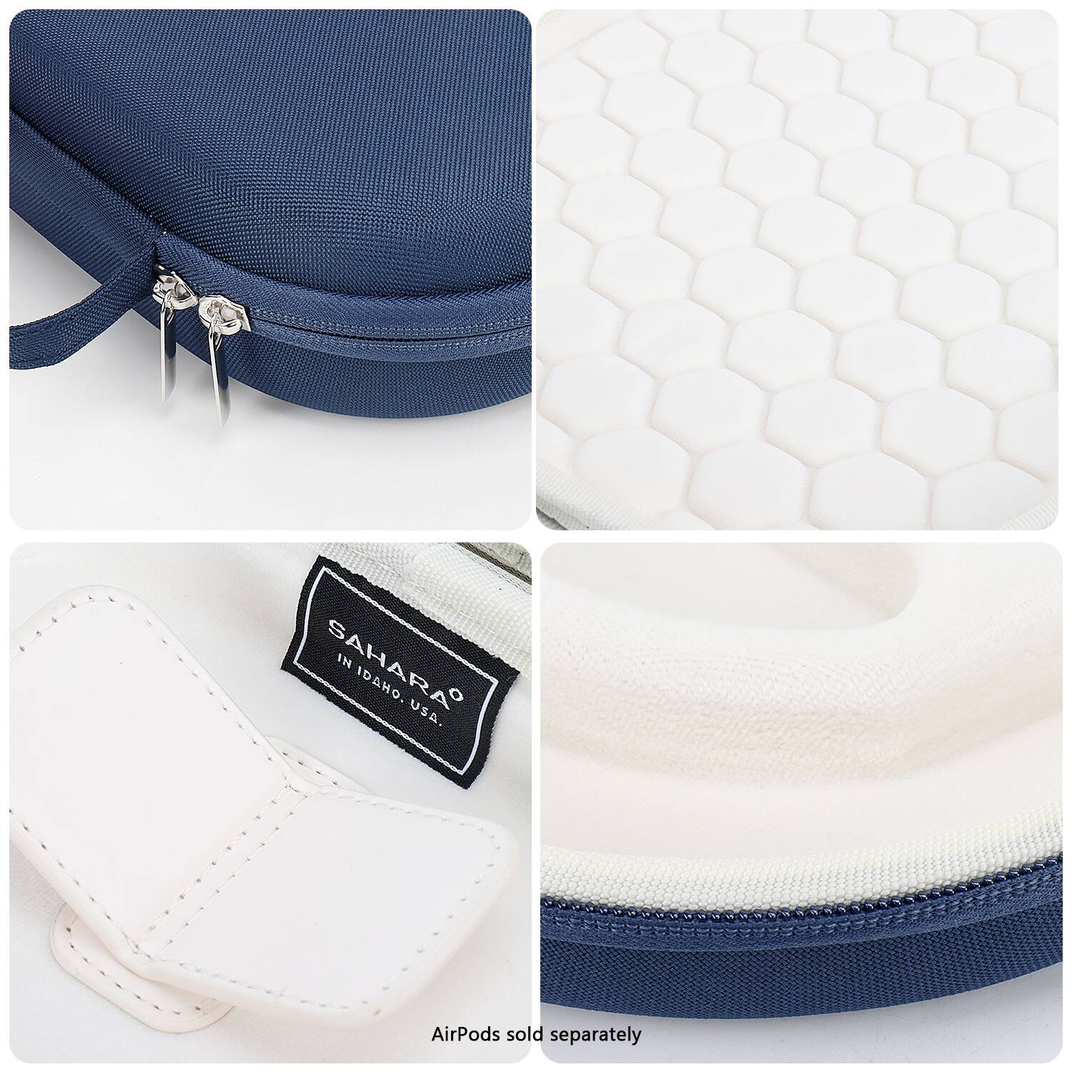 The image shows a blue and white case with a tag that says "Sahara" on it. The case is open, revealing a white case with a blue lining inside. The image also shows a white case with a blue lining, and a white case with a blue lining and a tag that says "Sahara." The case is designed to hold AirPods, which are sold separately.