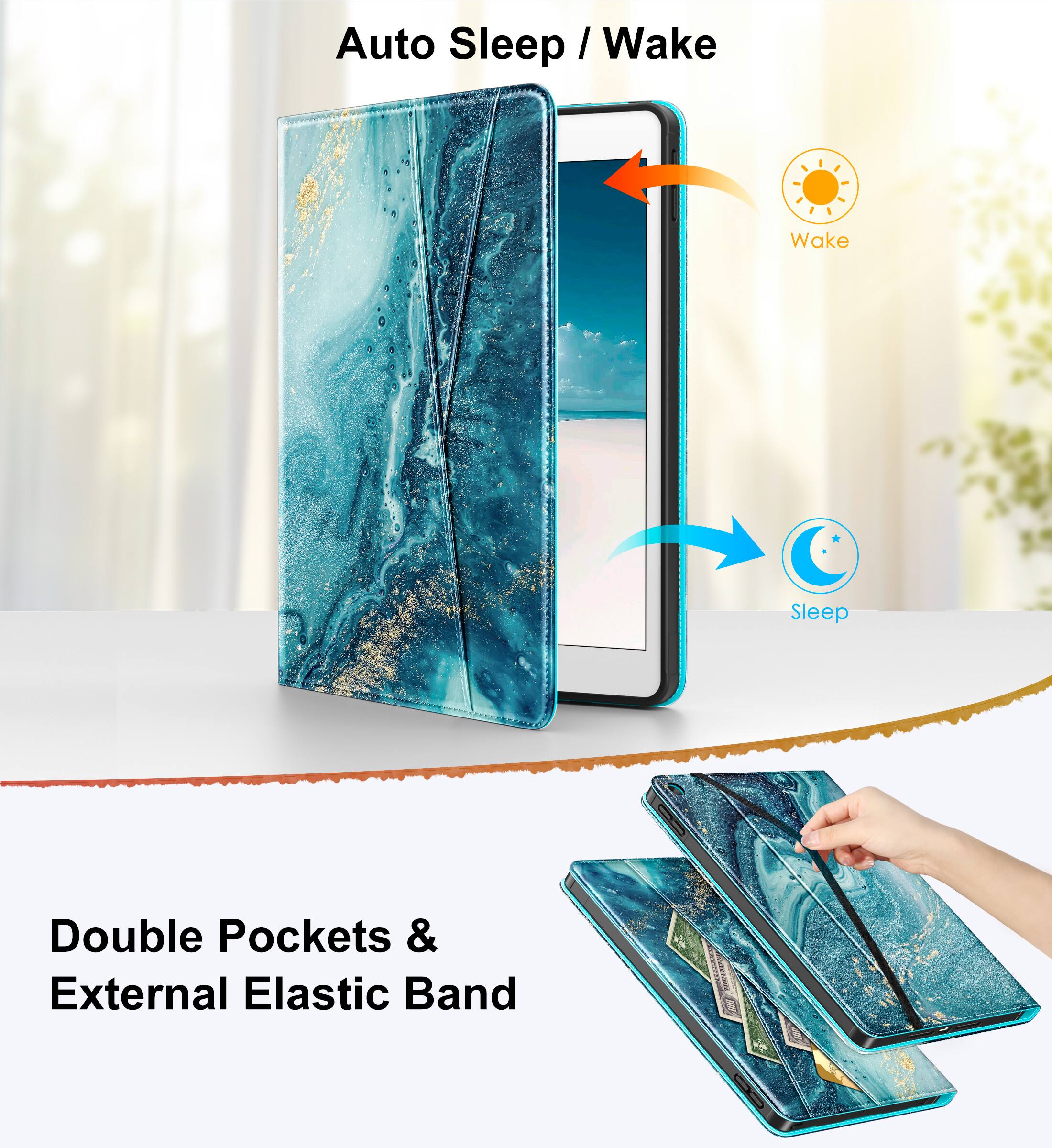 Auto Sleep / Wake

Double Pockets & External Elastic Band