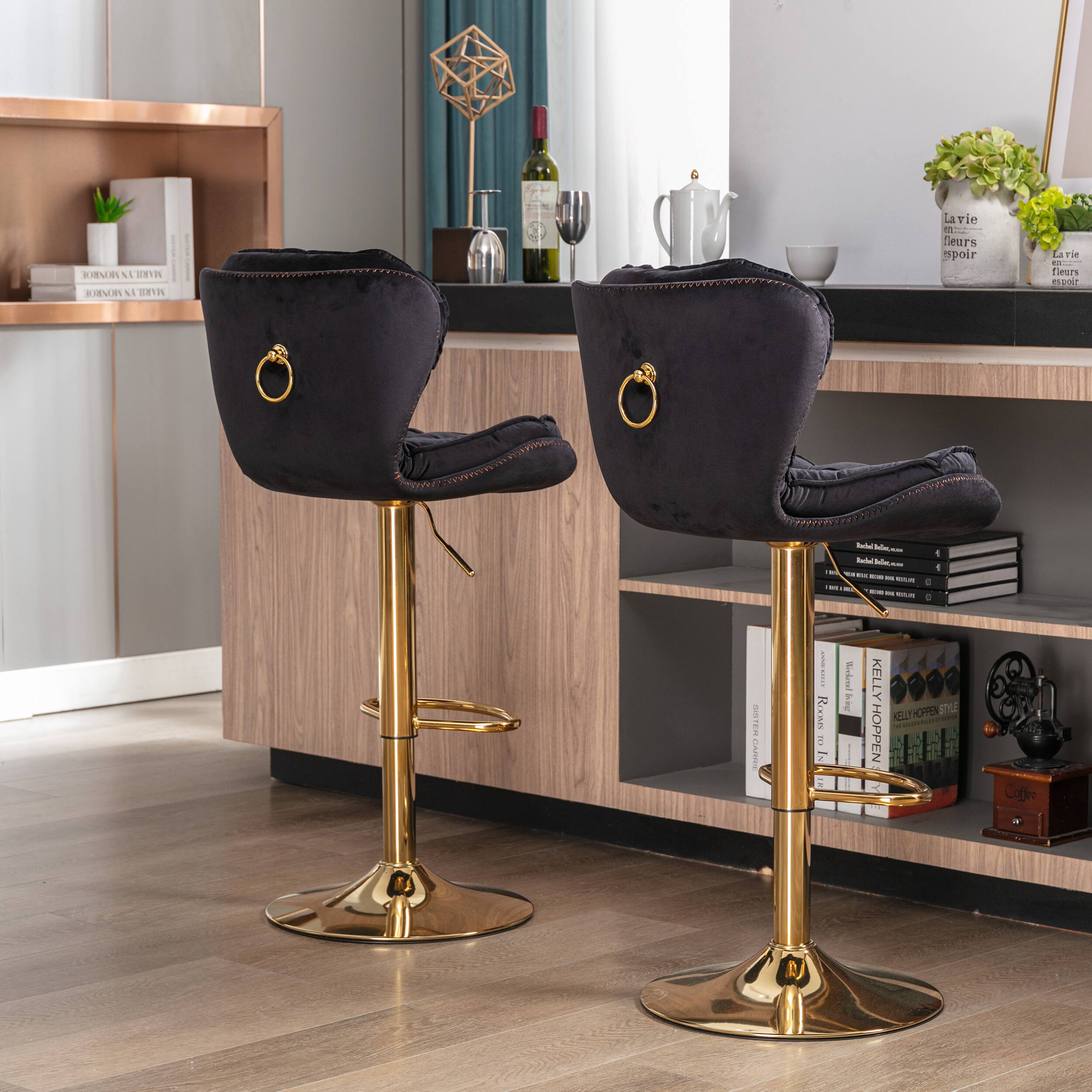 Trinkets Crazed - Bar Stools Set of 2, Velvet Counter Height Adjustable Barstools, Upholstered Swivel Dining Bar Chairs - Black