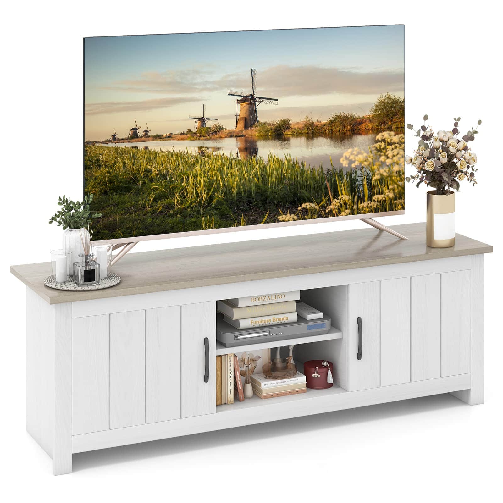 Ecooso - TV Stand with 2 Doors, 2 Cabinets and Open Shelves for 65 Inch TV - White