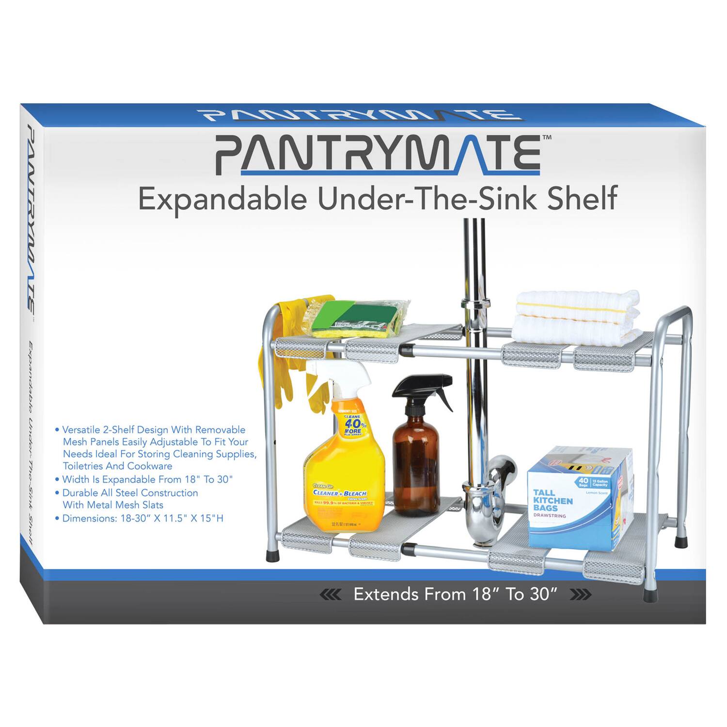 PANTRYMATE Expandable Under-The-Sink Shelf

- Versatile 2-Shelf Design With Removable Mesh Panels Easily Adjustable To Fit Your Needs Ideal For Storing Cleaning Supplies, Toiletries And Cookware
- Width Is Expandable From 18" To 30"
- Durable All Steel Construction With Metal Mesh Slats
- Dimensions: 18-30" X 11.5" X 15"H
- Extends From 18" To 30"