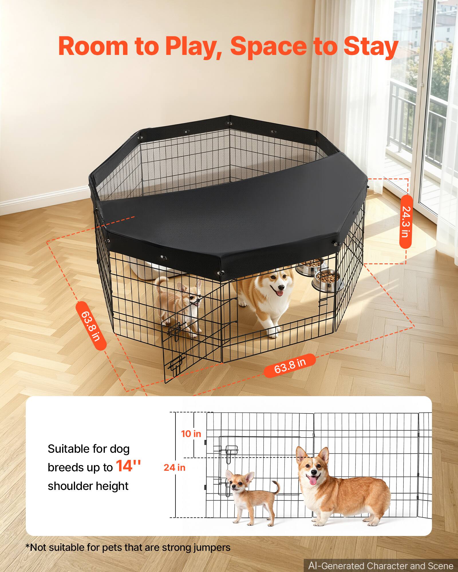 Room to Play, Space to Stay

24.3 in  
63.8 in  
63.8 in

Suitable for dog breeds up to 14" shoulder height

10 in  
24 in

*Not suitable for pets that are strong jumpers

AI-Generated Character and Scene