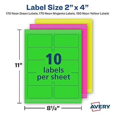 Label Size 2" x 4"

- 170 Neon Green Labels
- 170 Neon Magenta Labels
- 160 Neon Yellow Labels

10 labels per sheet

Dimensions:
- 11" x 8½"

Avery