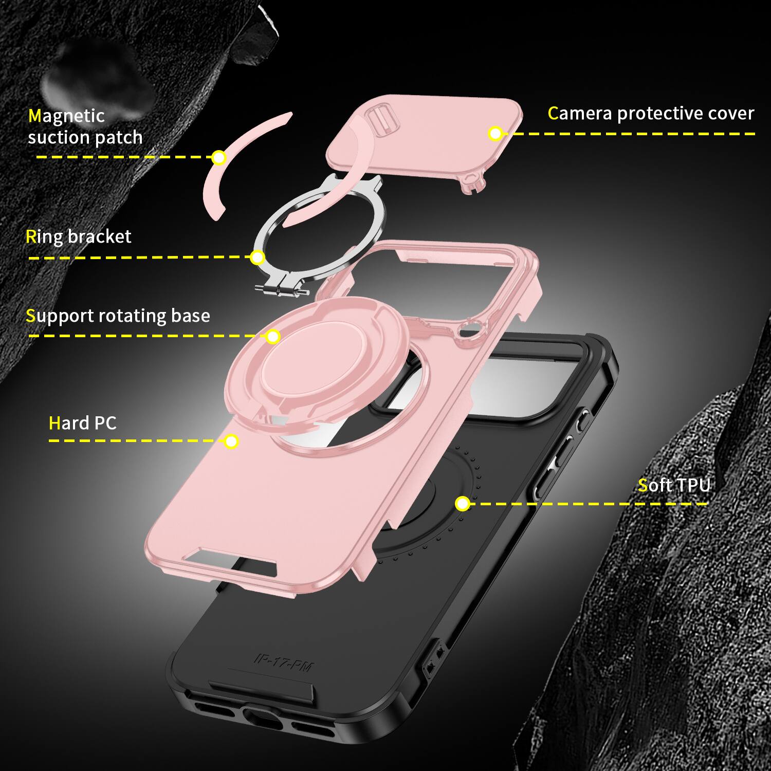 Magnetic suction patch  
Camera protective cover  
Ring bracket  
Support rotating base  
Hard PC  
Soft TPU  
IF-17-PM
