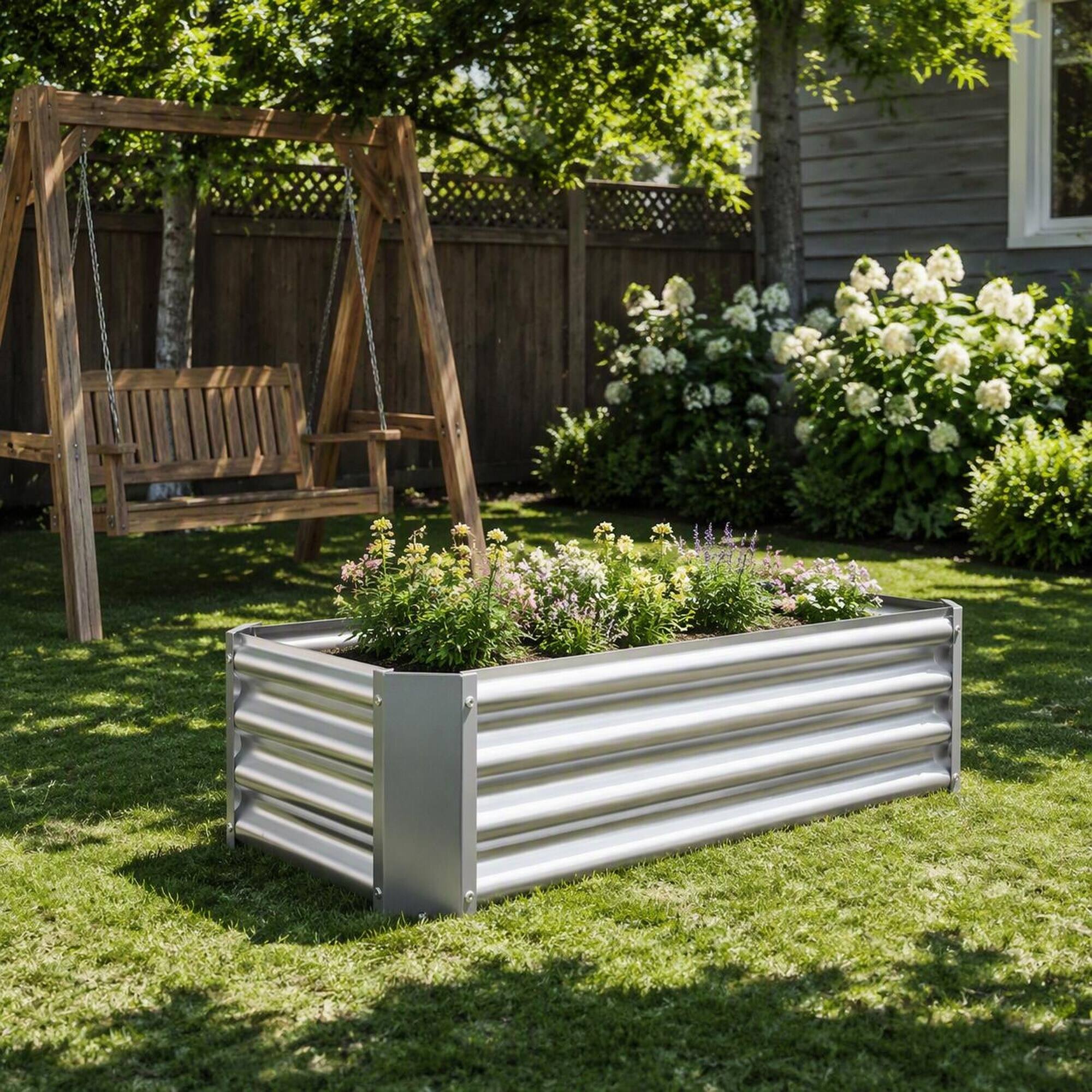 Alt View 2. RYHNUYNE - Silver Metal Rectangular Raised Garden Bed 2 Pack, 4x2x1 ft Galvanized Planter Box for Vegetables Flowers Herbs - Silver.