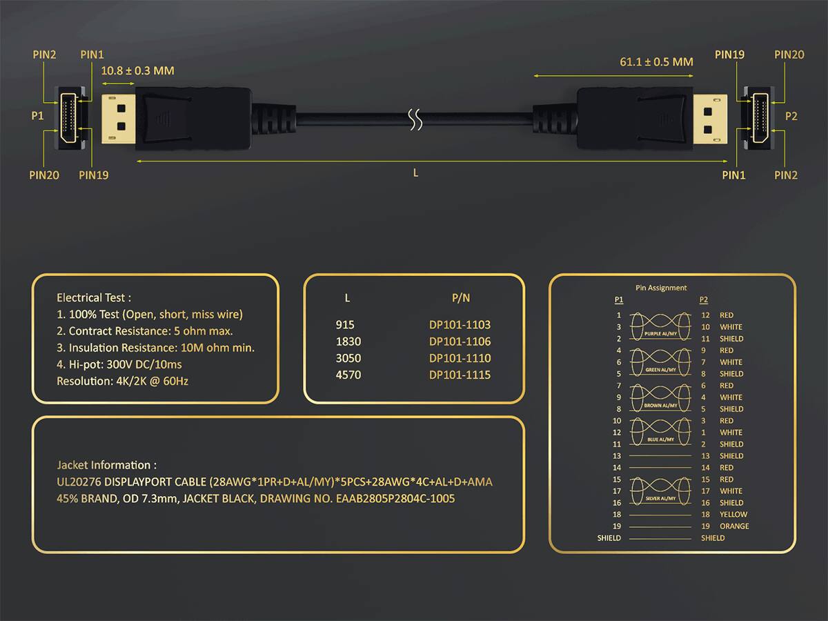 PIN2 PIN1 10.8 ± 0.3 MM  
PIN19 PIN20 61.1 ± 0.5 MM  

Electrical Test:  
1. 100% Test (Open, short, miss wire)  
2. Contact Resistance: 5 ohm max.  
3. Insulation Resistance: 10M ohm min.  
4. Hi-pot: 300V DC/10ms  
Resolution: 4K/2K @ 60Hz  

Jacket Information:  
UL20276 DISPLAYPORT CABLE (28AWG*1PR+D+AL/MY)*5PCS+28AWG*4C+AL+D+AMA  
45% BRAND, OD 7.3mm, JACKET BLACK, DRAWING NO. EAAB2805P2804C-1005  

Pin Assignment:  
P1  
1 E  
2 4  
3 6  
4 5  
5 7  
6 9  
7 8  
8 10  
9 12  
10 11  
11 13  
1