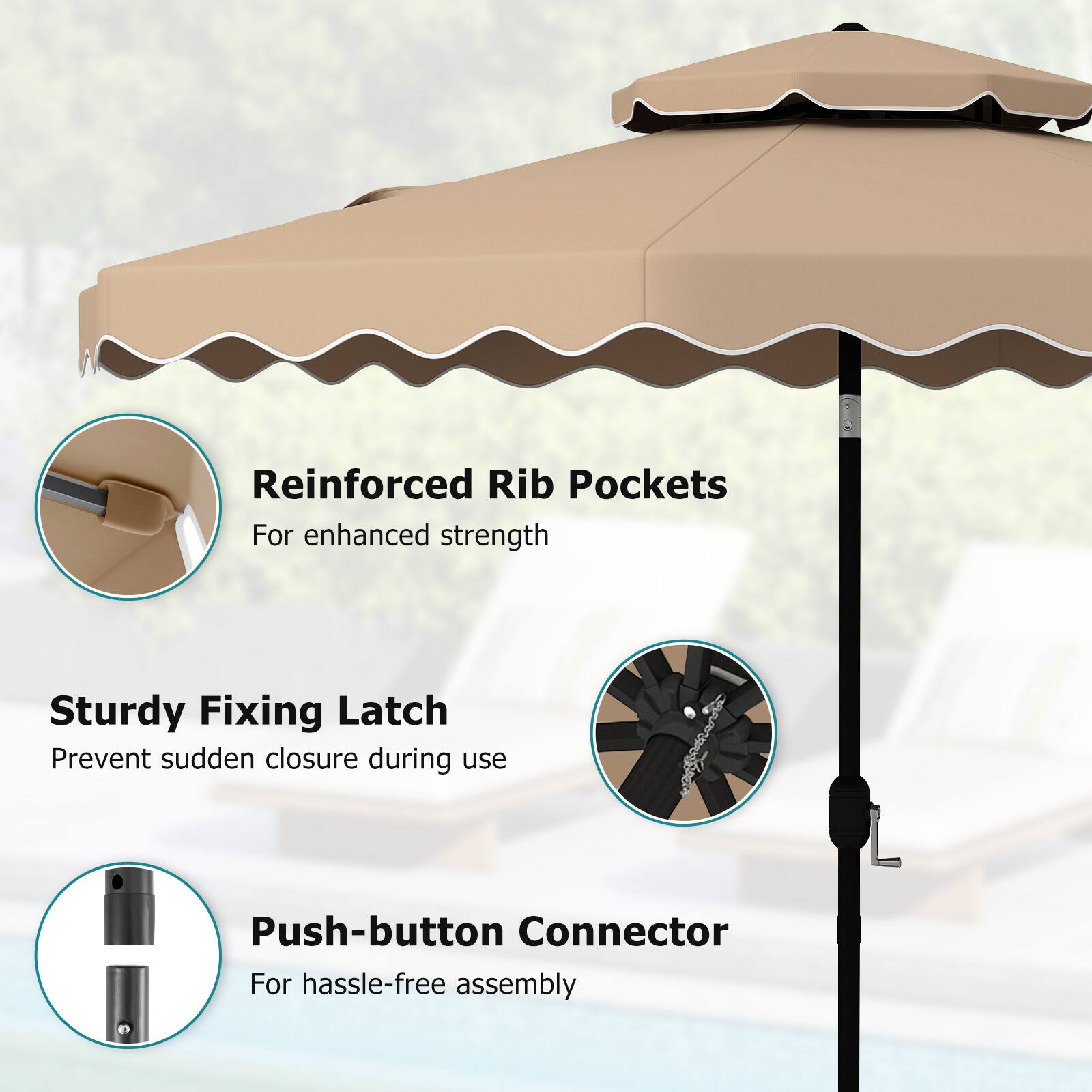 Reinforced Rib Pockets  
For enhanced strength  

Sturdy Fixing Latch  
Prevent sudden closure during use  

Push-button Connector  
For hassle-free assembly