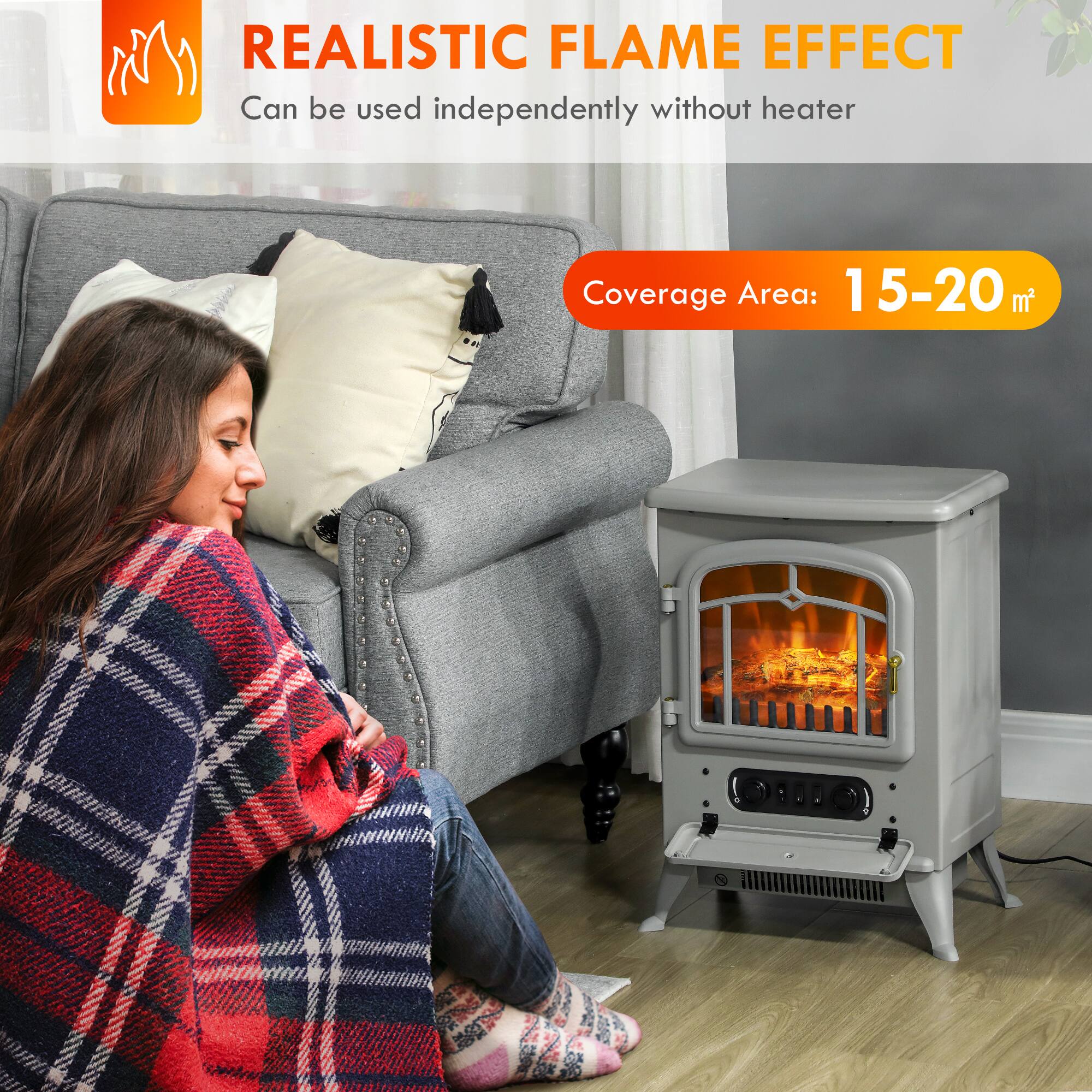REALISTIC FLAME EFFECT  
Can be used independently without heater  

Coverage Area: 15-20 m²