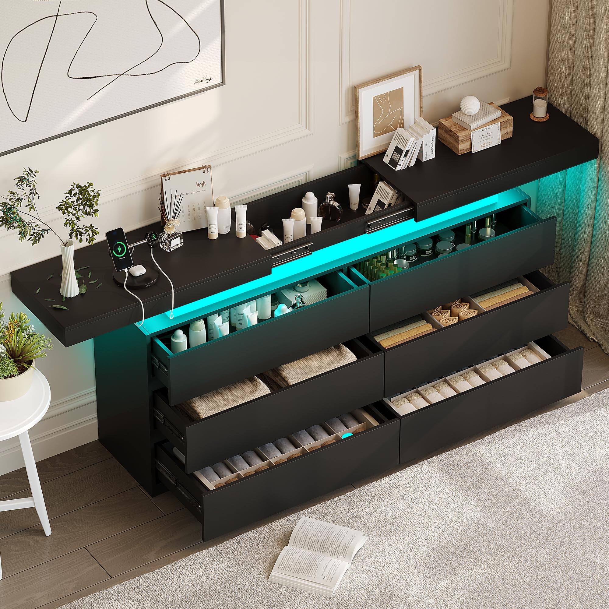 Left. Dyonery - Modern 6-Drawer Dresser with Sliding Desktop & Power Outlet -  Storage Cabinet with LED Lights - Black.