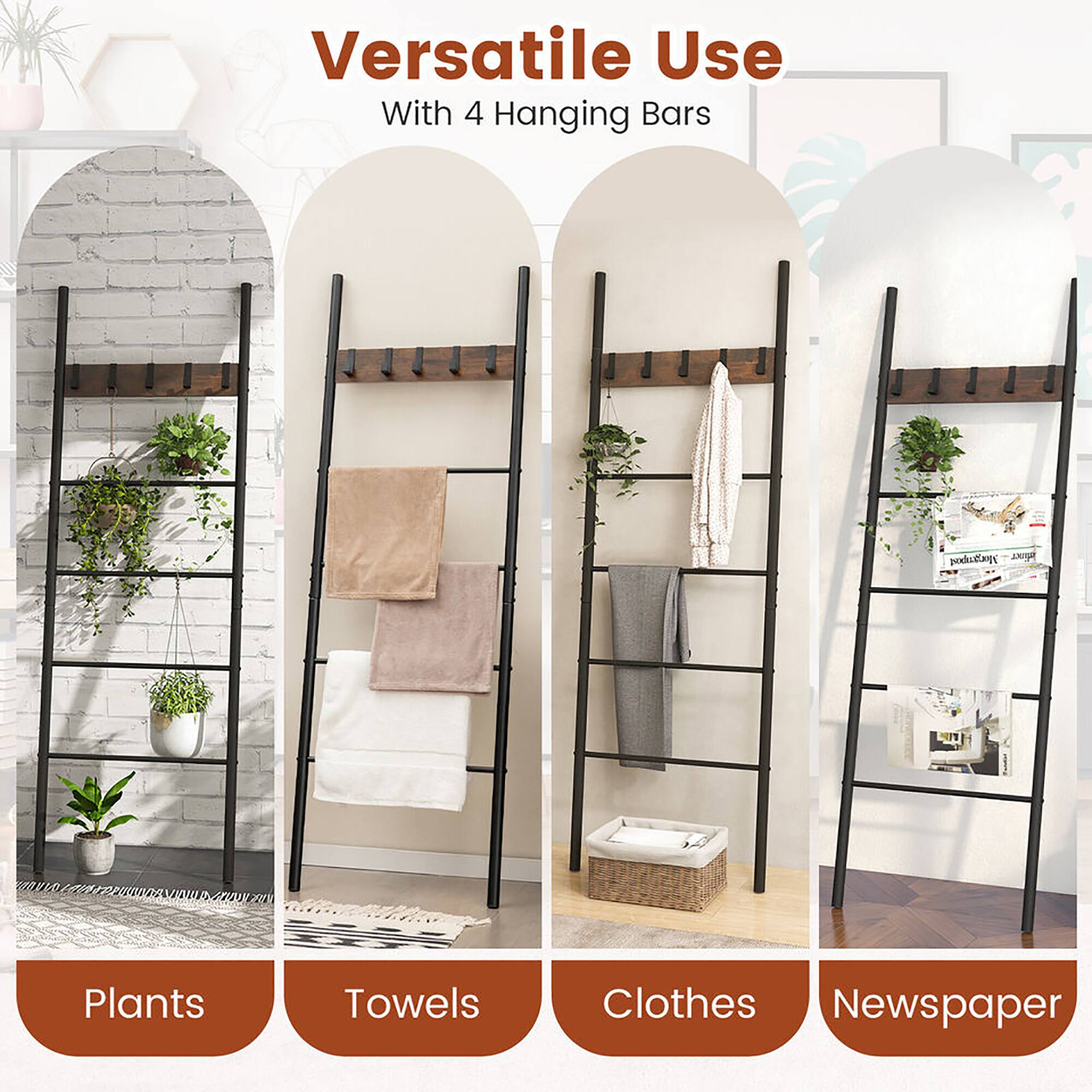 Versatile Use  
With 4 Hanging Bars  

Plants  
Towels  
Clothes  
Newspaper
