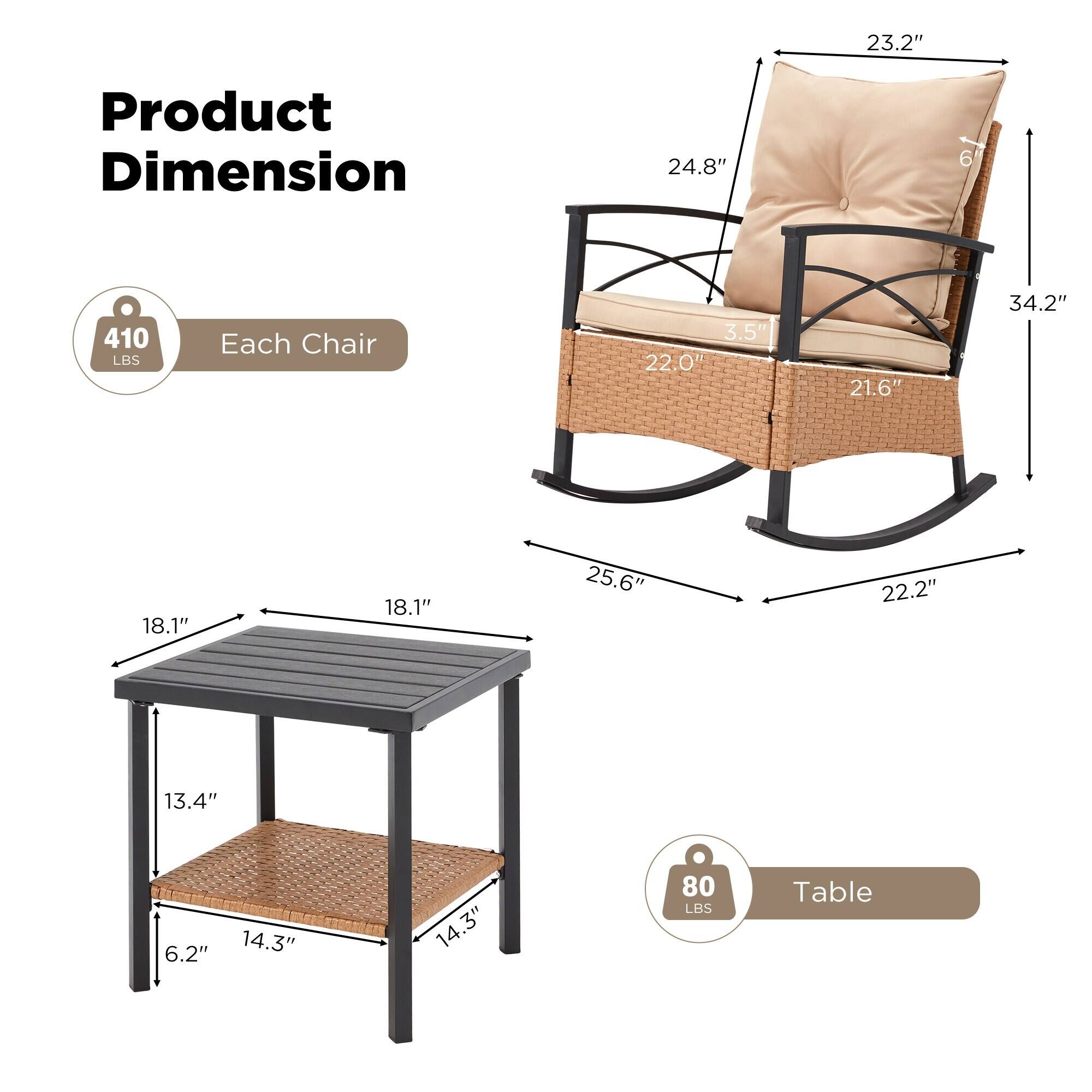 Product Dimension

Each Chair
- 23.2"
- 24.8"
- 3.5"
- 22.0"
- 21.6"
- 34.2"
- 18.1"
- 25.6"
- 22.2"
- 34.2"
- 410 LBS

Table
- 18.1"
- 18.1"
- 13.4"
- 6.2"
- 14.3"
- 14.3"
- 80 LBS